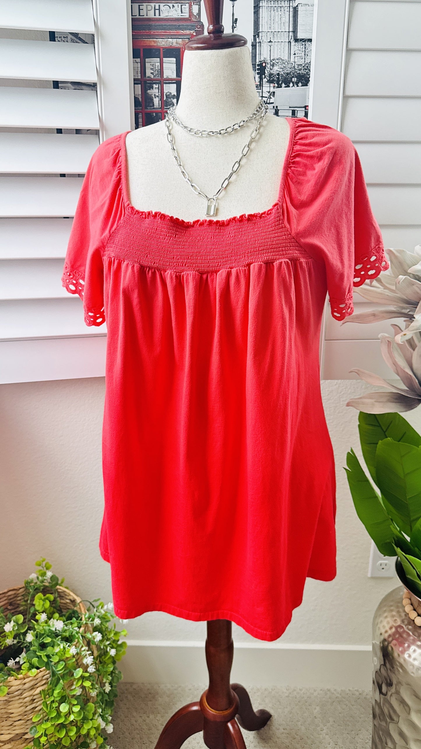 One World Women's Coral Smocked Square Neck Eyelet Sleeve Top Size 1X