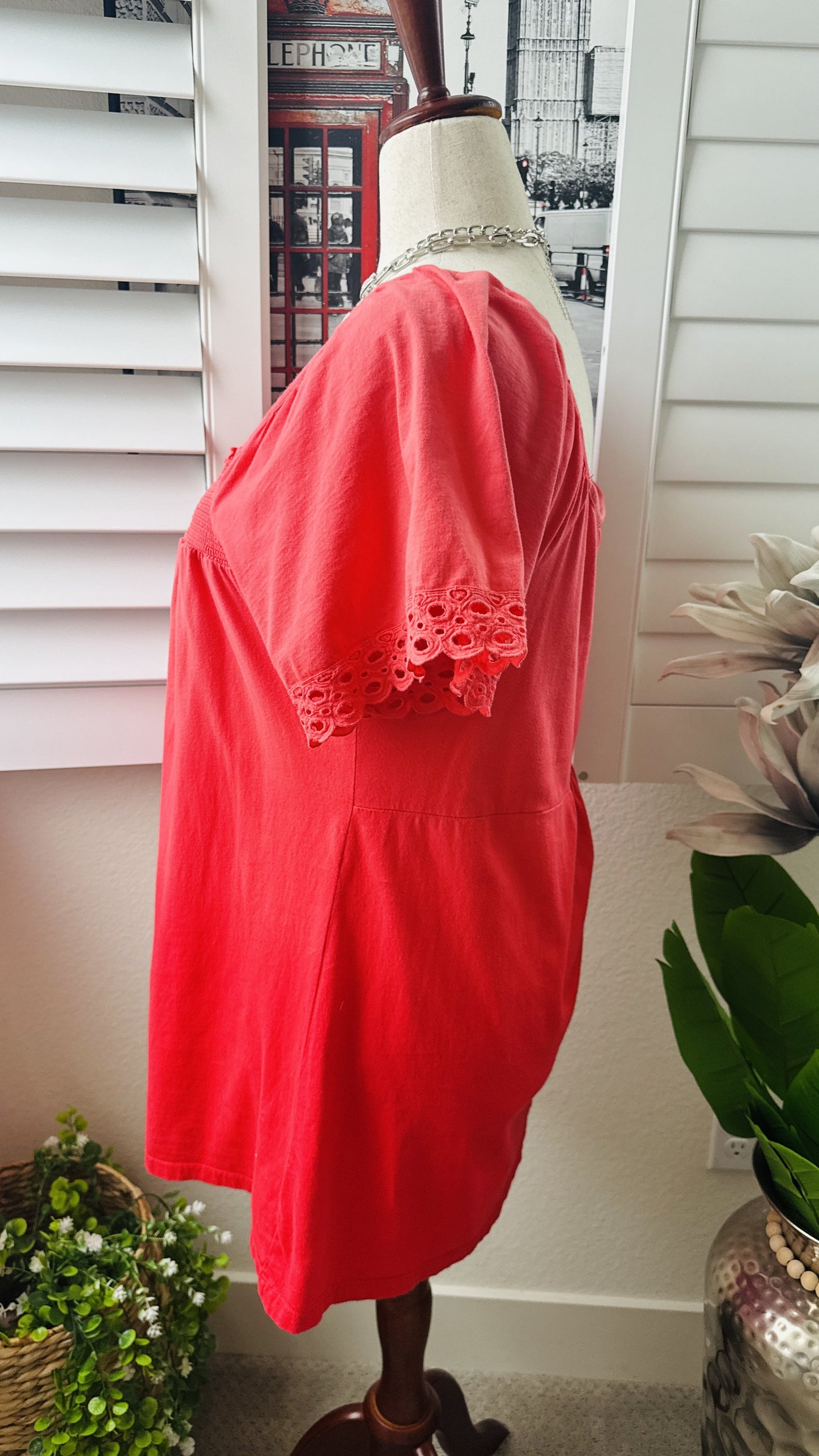 One World Women's Coral Smocked Square Neck Eyelet Sleeve Top Size 1X