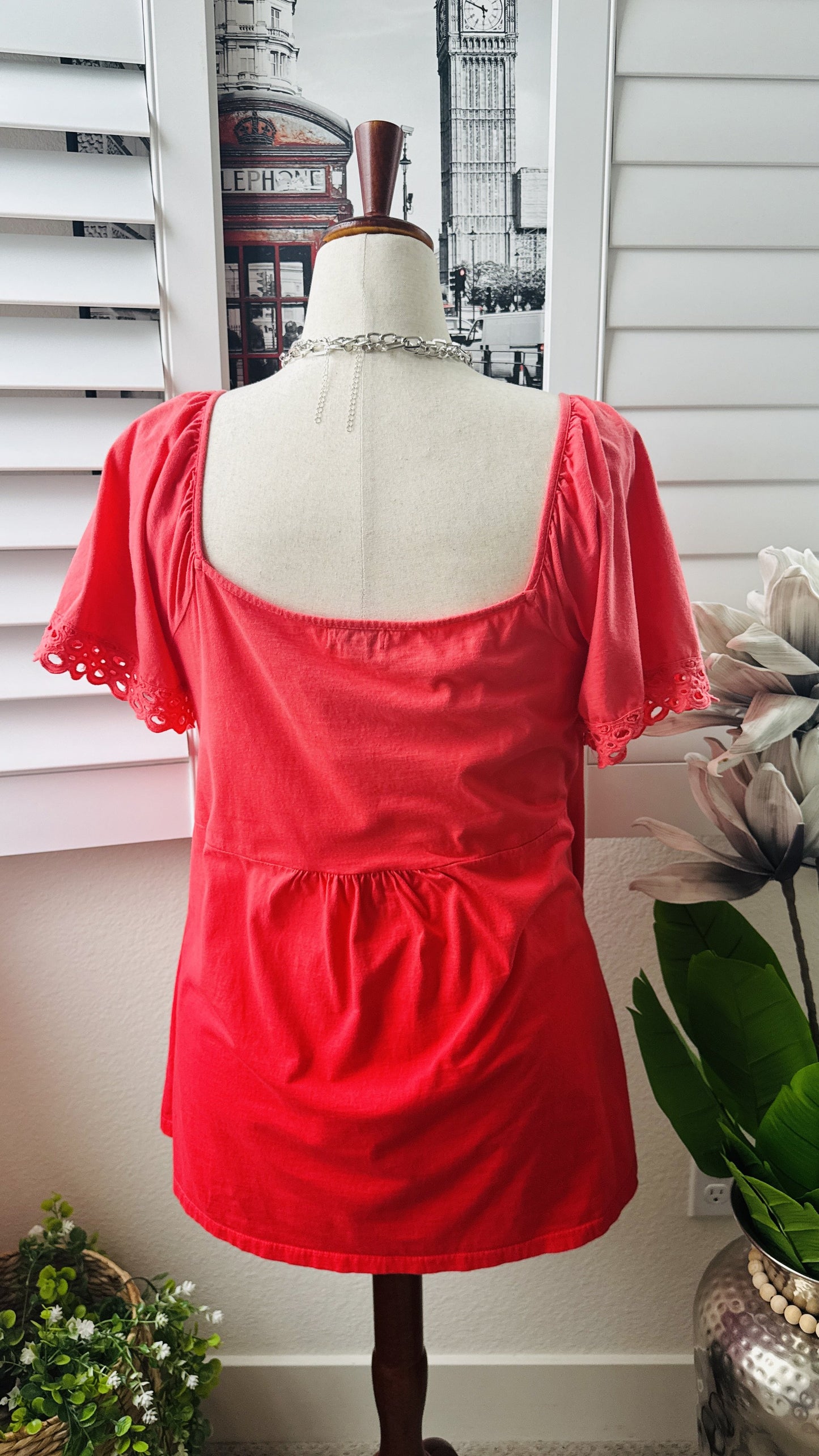 One World Women's Coral Smocked Square Neck Eyelet Sleeve Top Size 1X