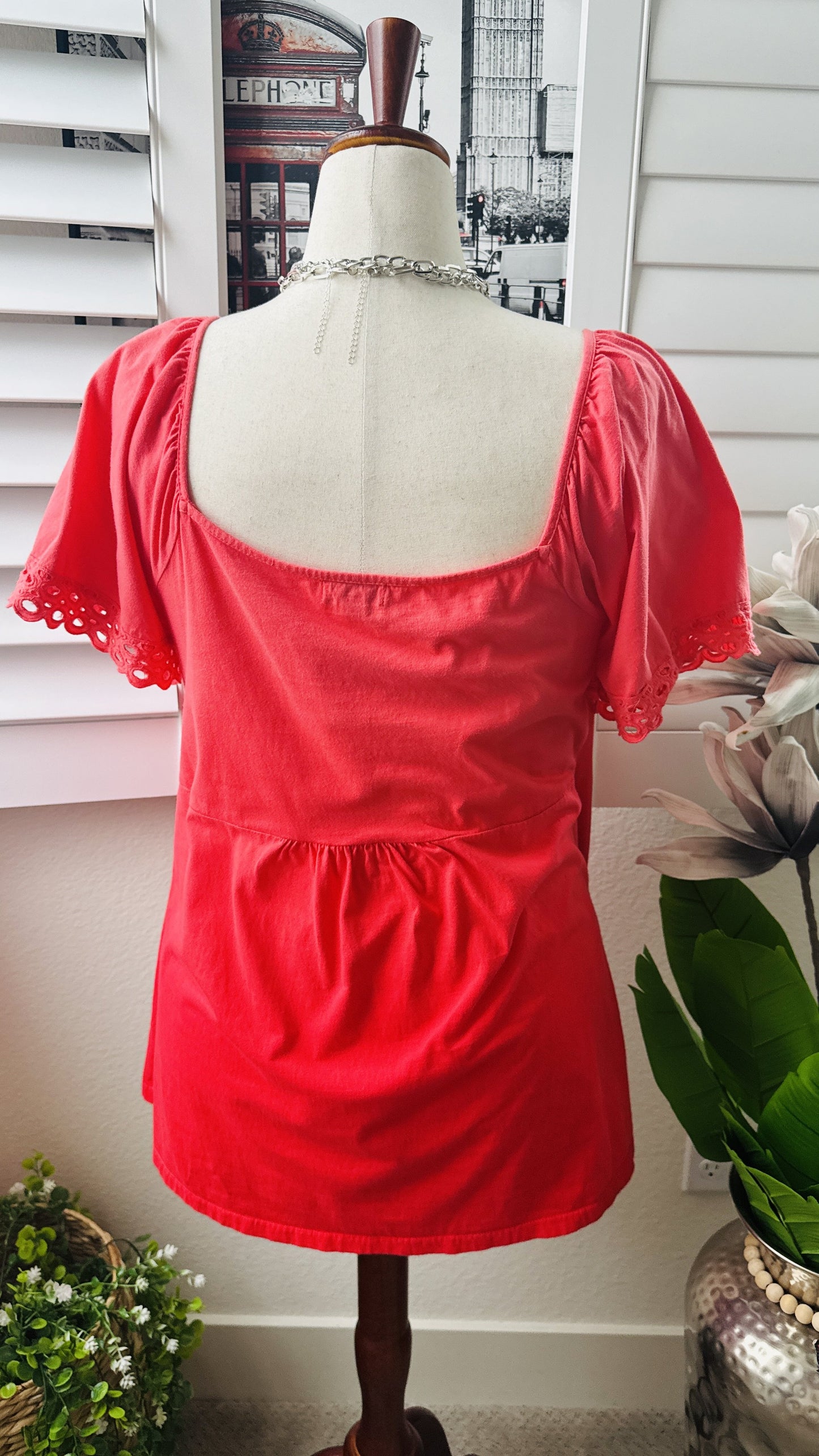 One World Women's Coral Smocked Square Neck Eyelet Sleeve Top Size 1X