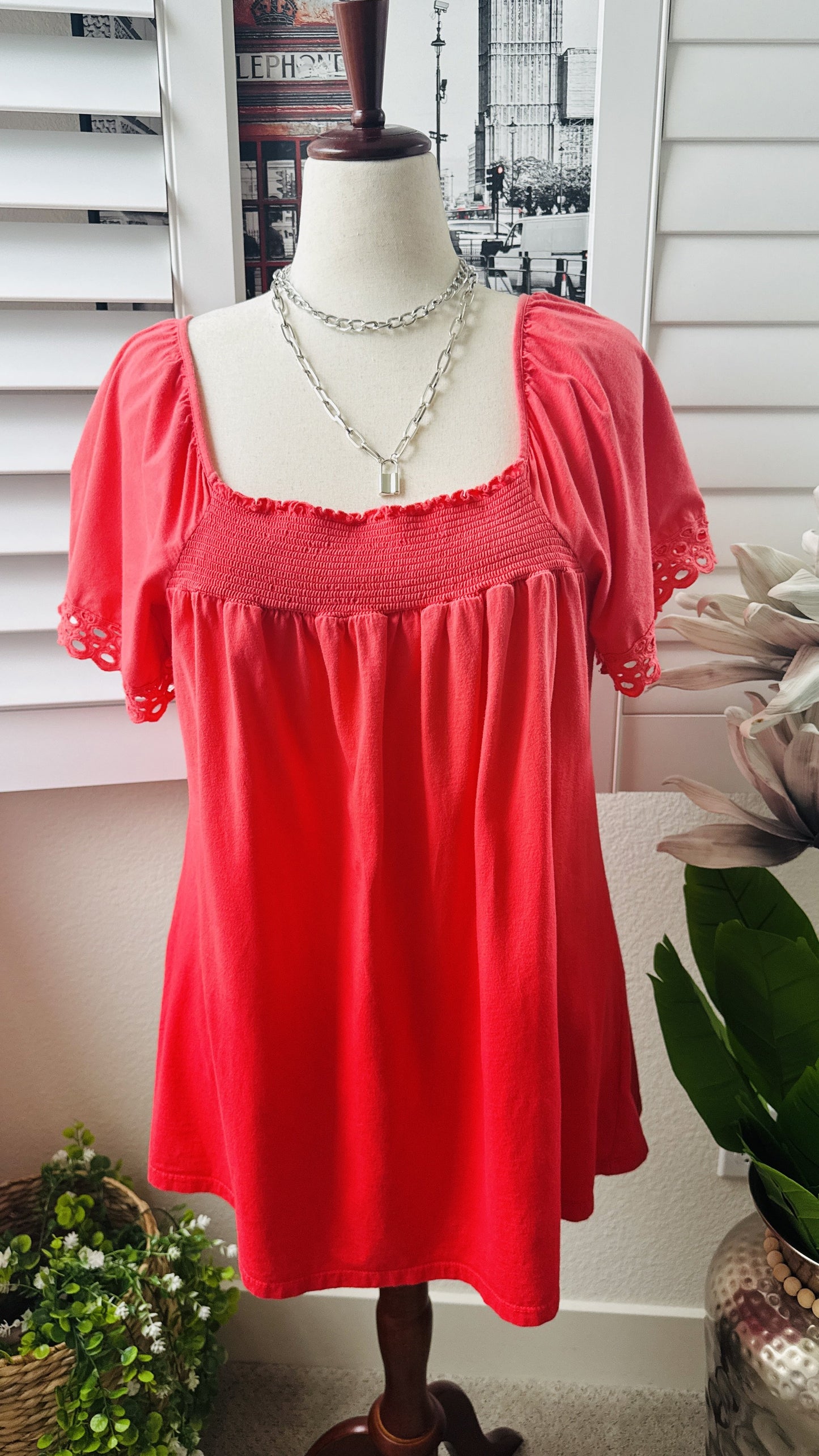 One World Women's Coral Smocked Square Neck Eyelet Sleeve Top Size 1X