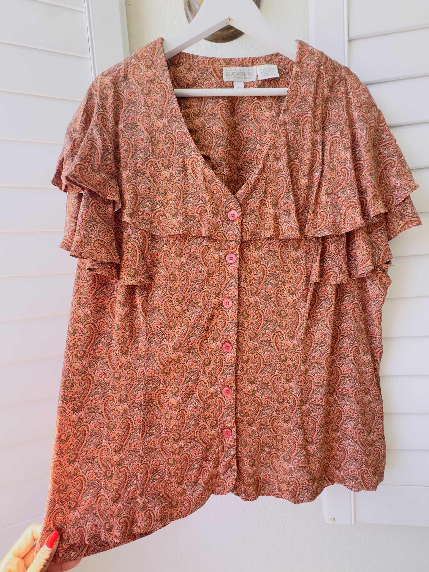 Elisabeth Vintage Paisley Ruffle Button-Down Blouse Size 22