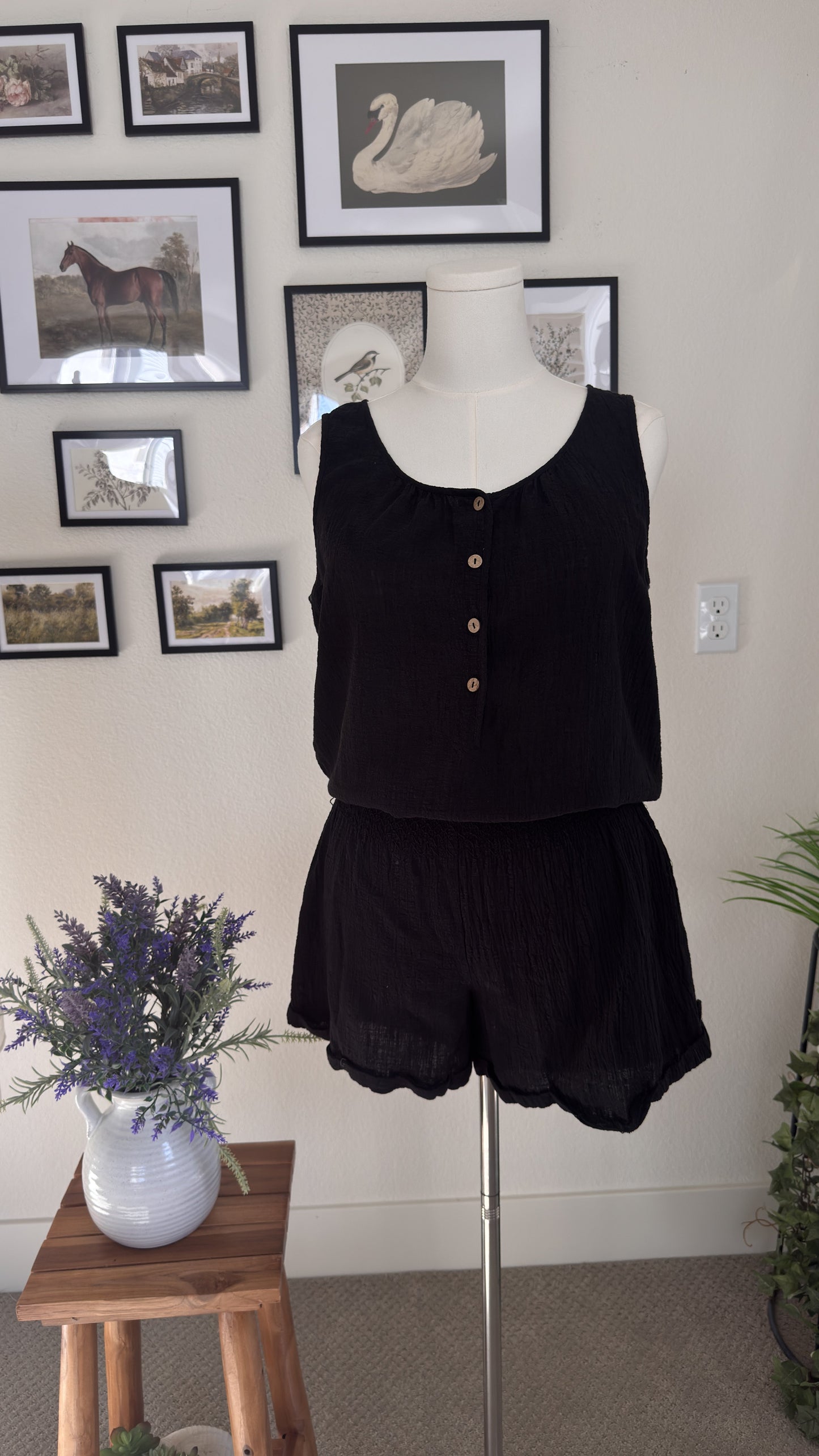 Saks Fifth Avenue Threads Black Smocked Gauze Romper - Size L