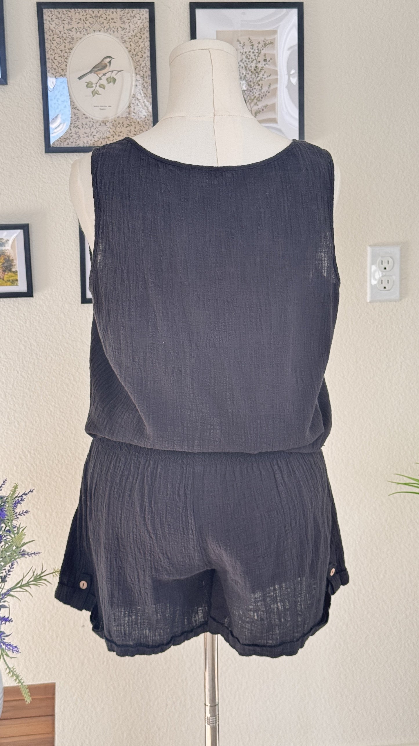 Saks Fifth Avenue Threads Black Smocked Gauze Romper - Size L
