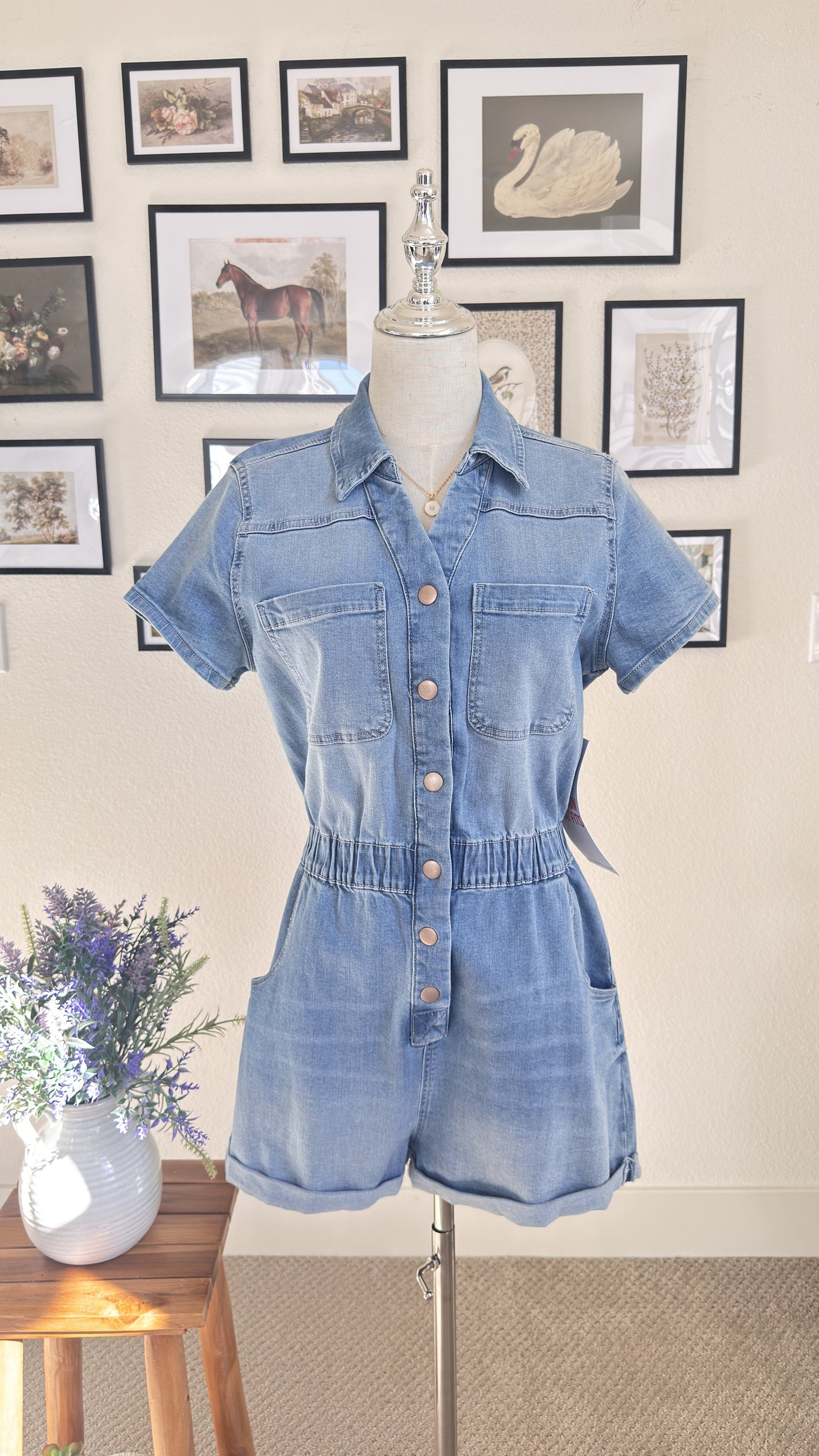 Celebrity Pink Light Wash Denim Utility Romper - Size M