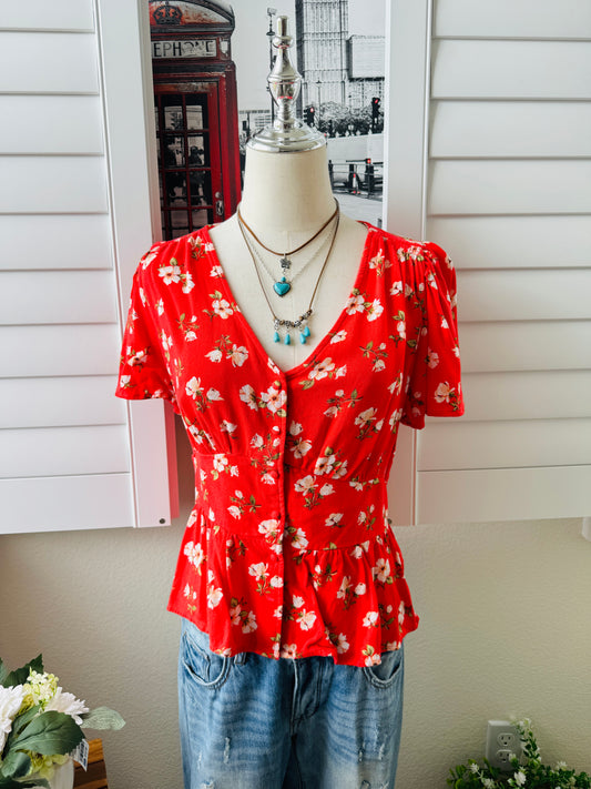 Old Navy Red Floral V-Neck Button-Front Peplum Blouse