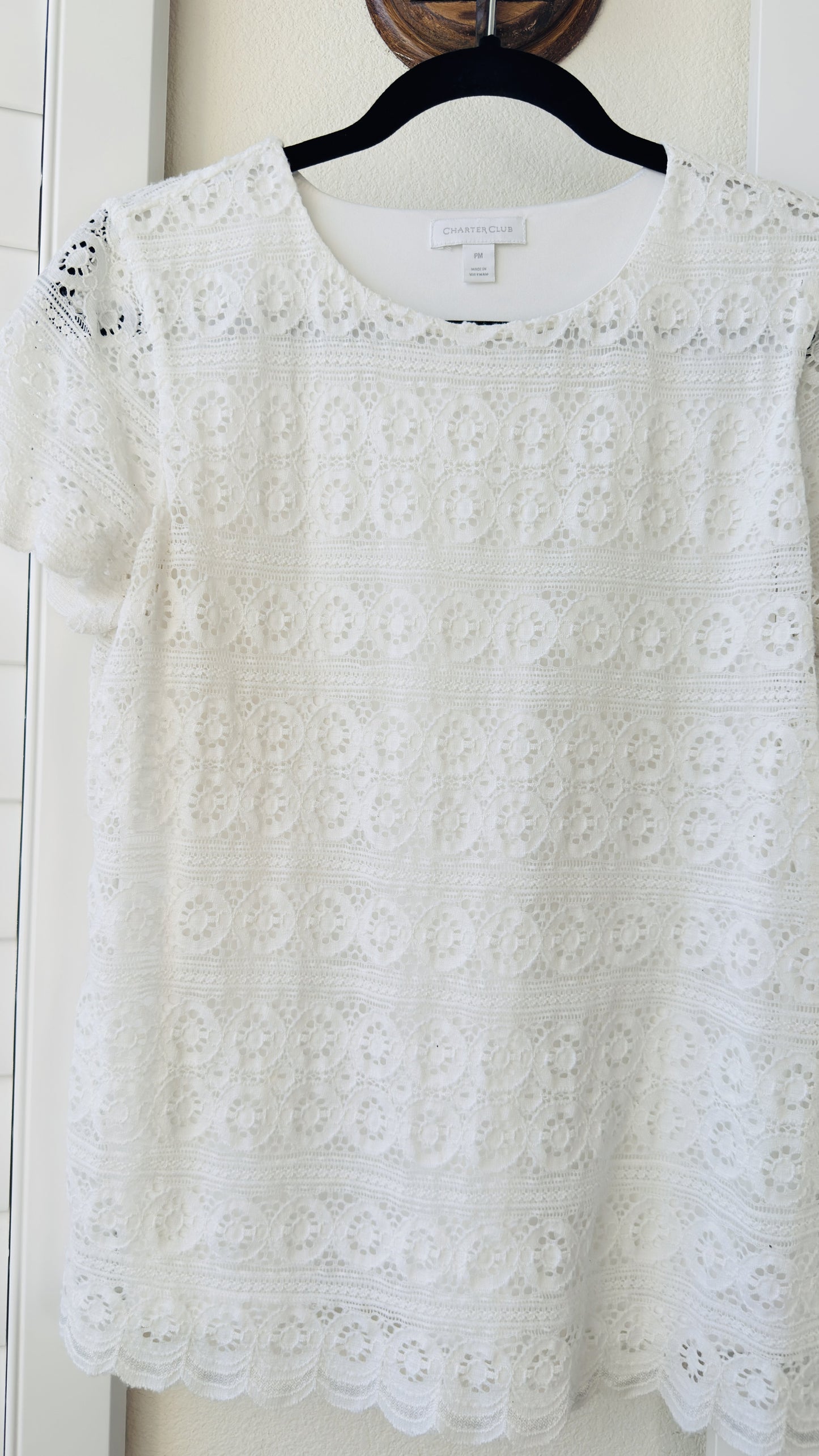 Charter Club White Lace Short Sleeve Top - Size PM