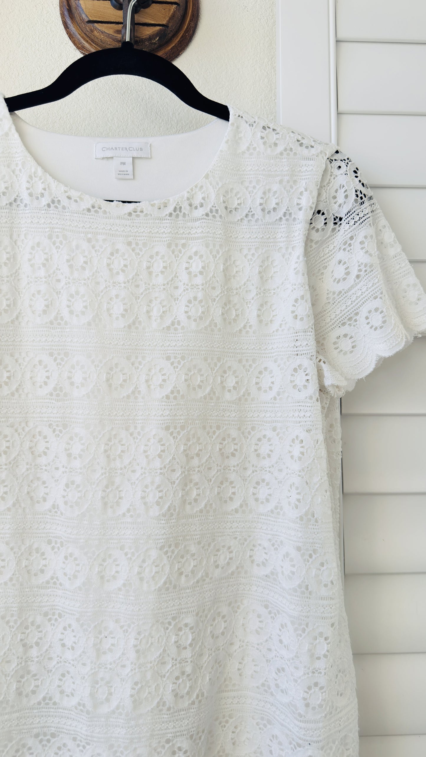Charter Club White Lace Short Sleeve Top - Size PM