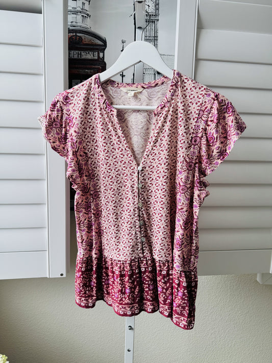 Lucky Brand Pink Floral Button-Front Flutter Sleeve Top Size S