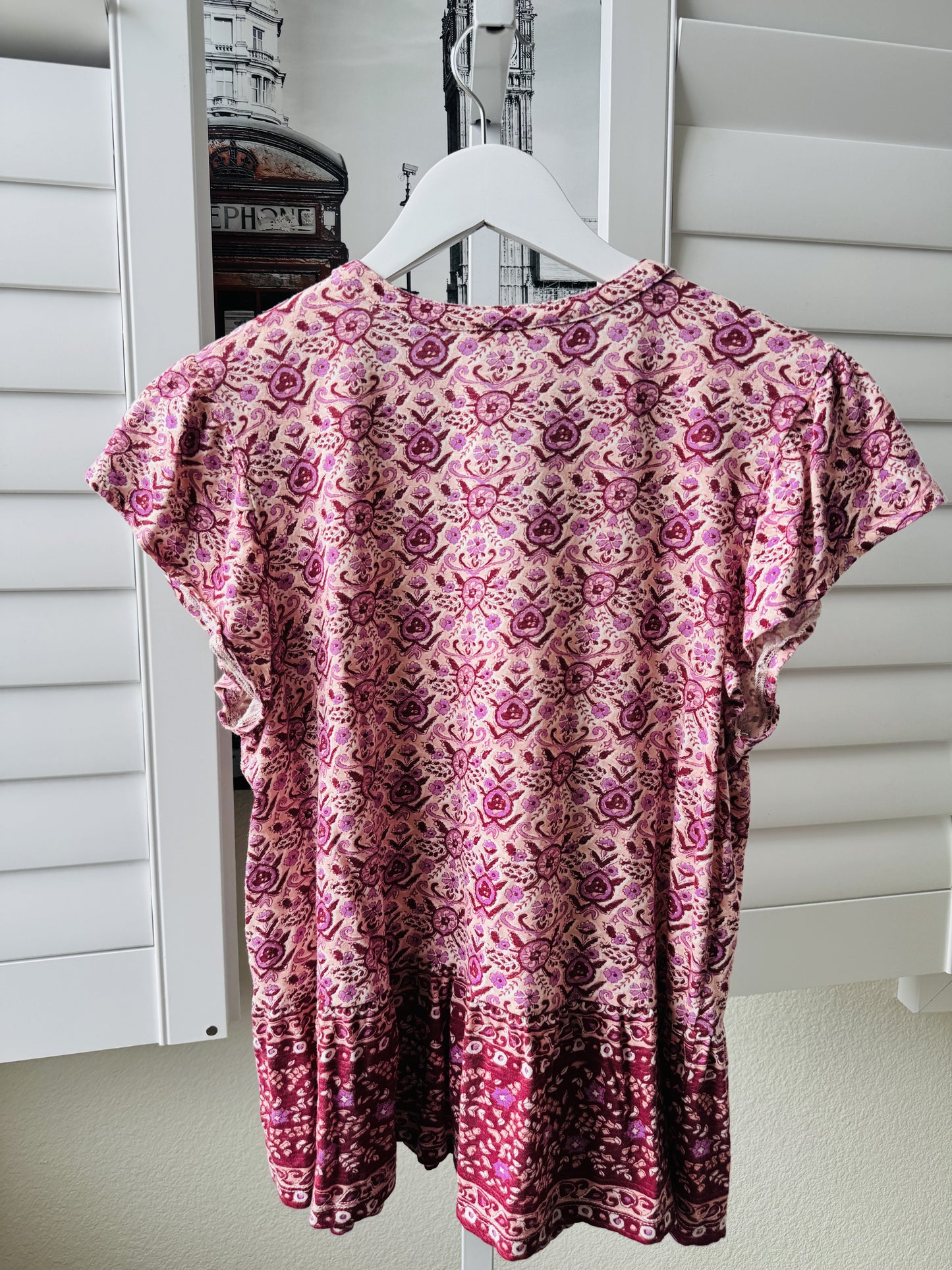 Lucky Brand Pink Floral Button-Front Flutter Sleeve Top Size S