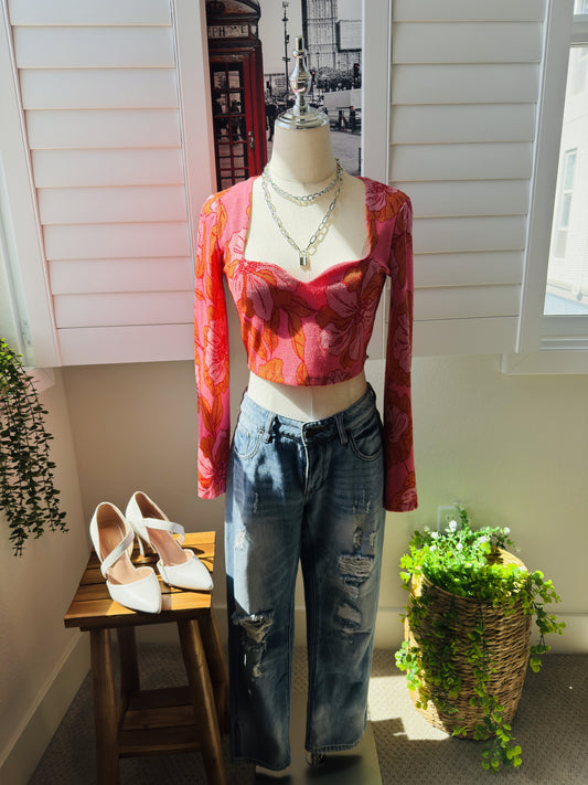 Zara Pink and Orange Floral Knit Crop Top - Size M