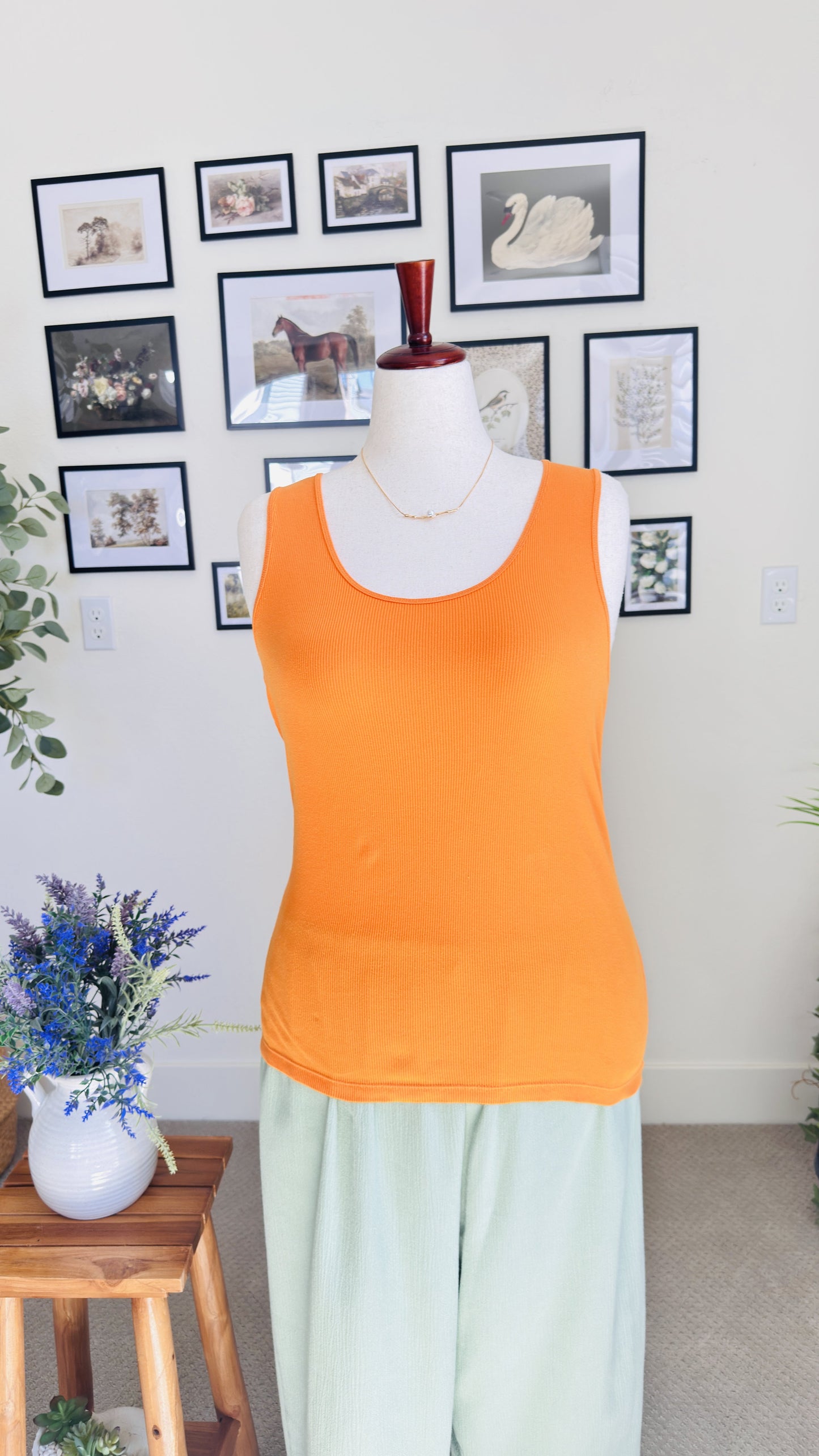 Carole Little Orange Ribbed Cotton Tank Top - Size L