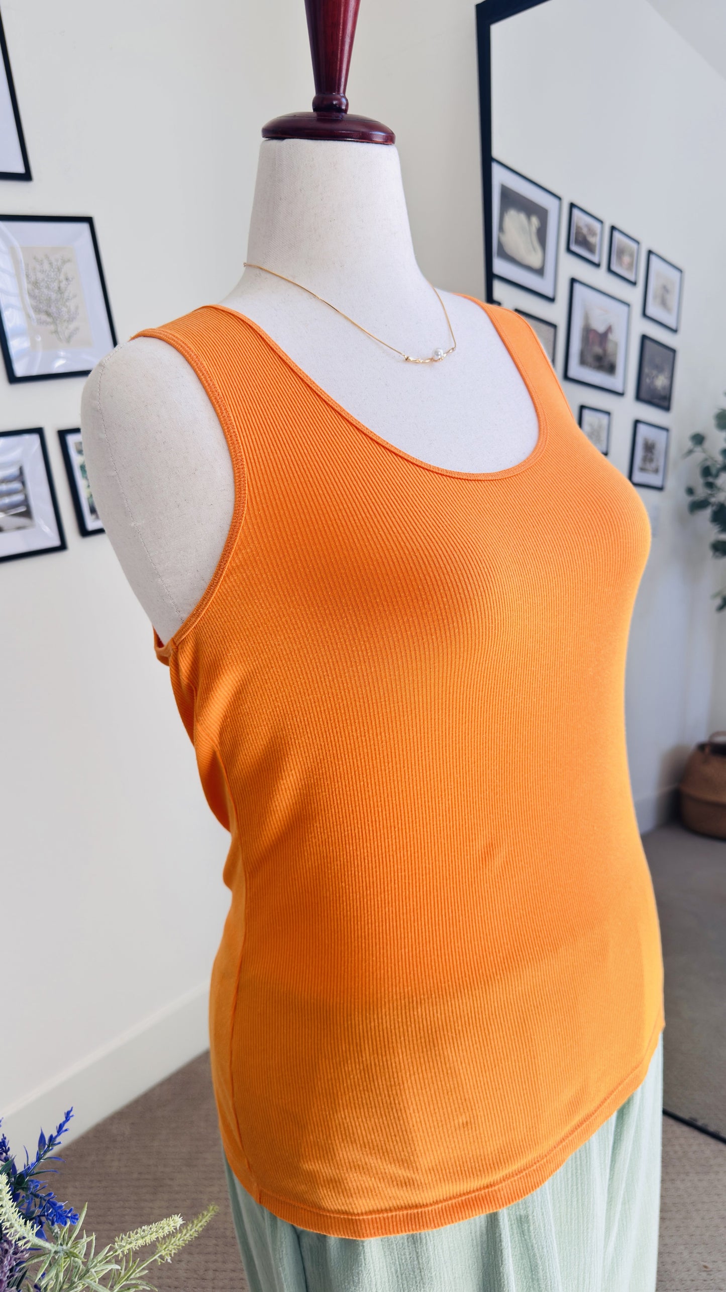Carole Little Orange Ribbed Cotton Tank Top - Size L