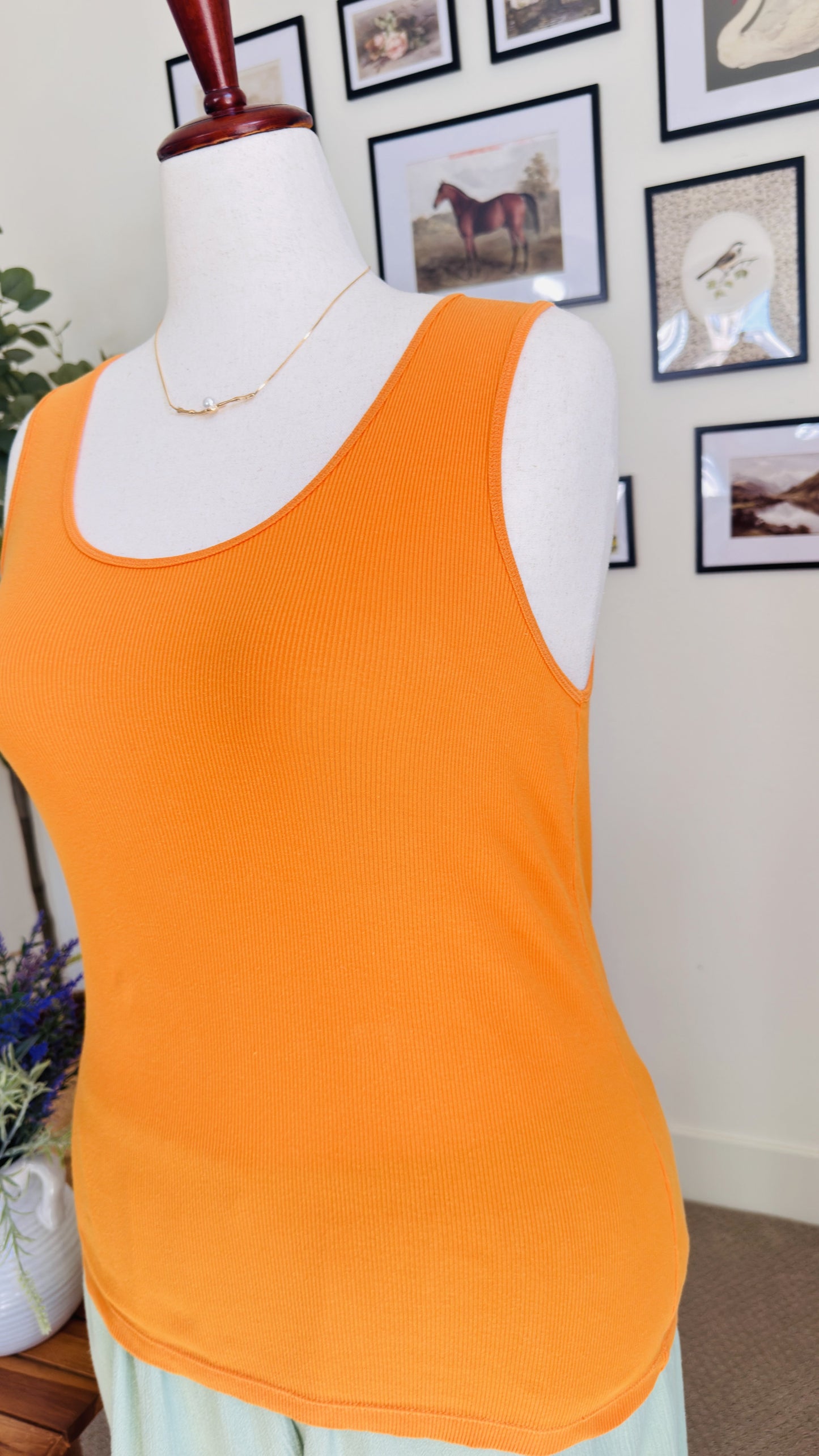 Carole Little Orange Ribbed Cotton Tank Top - Size L