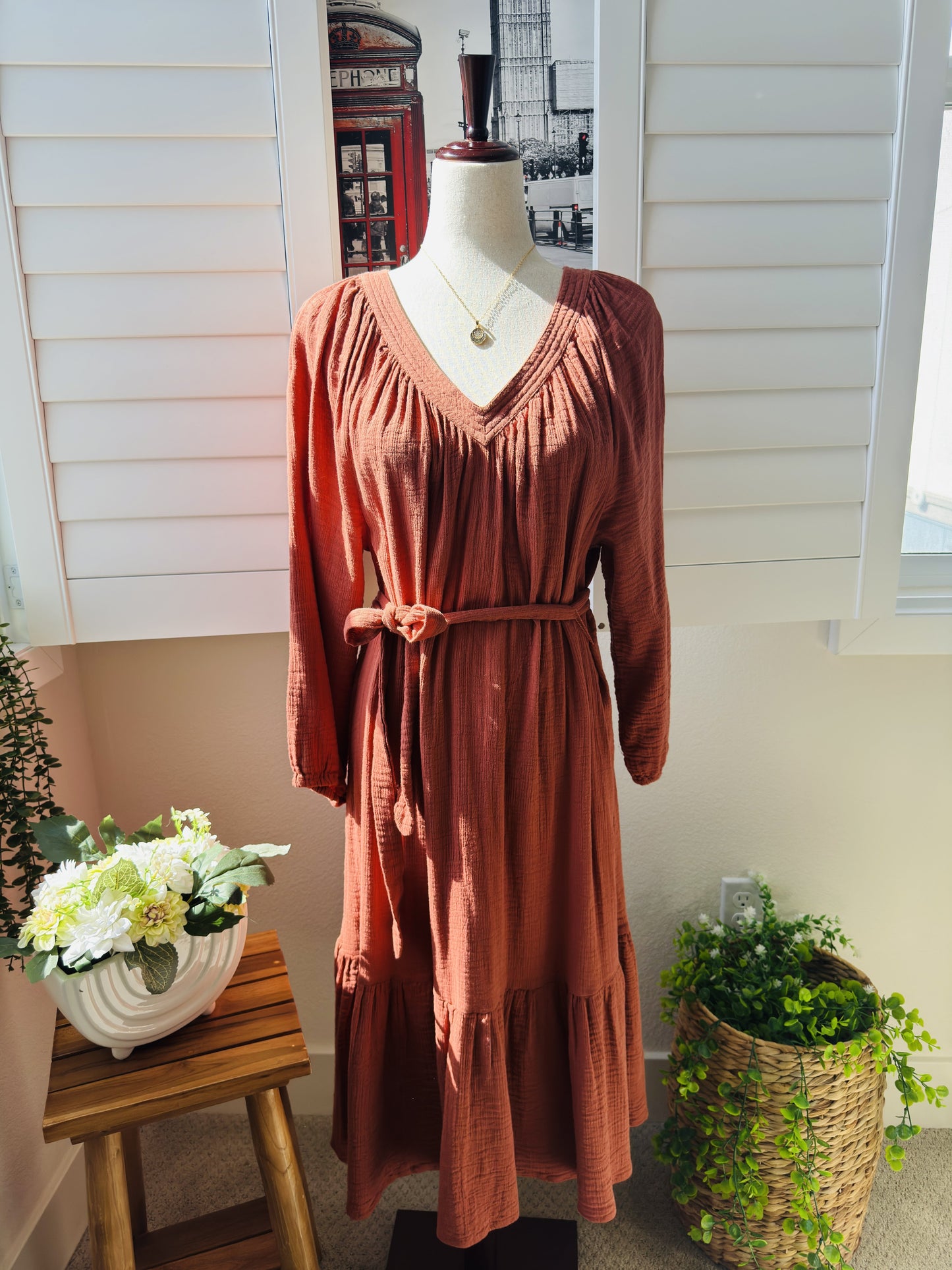 Lucky Brand Terracotta Cotton Gauze Tiered Maxi Dress - Size L