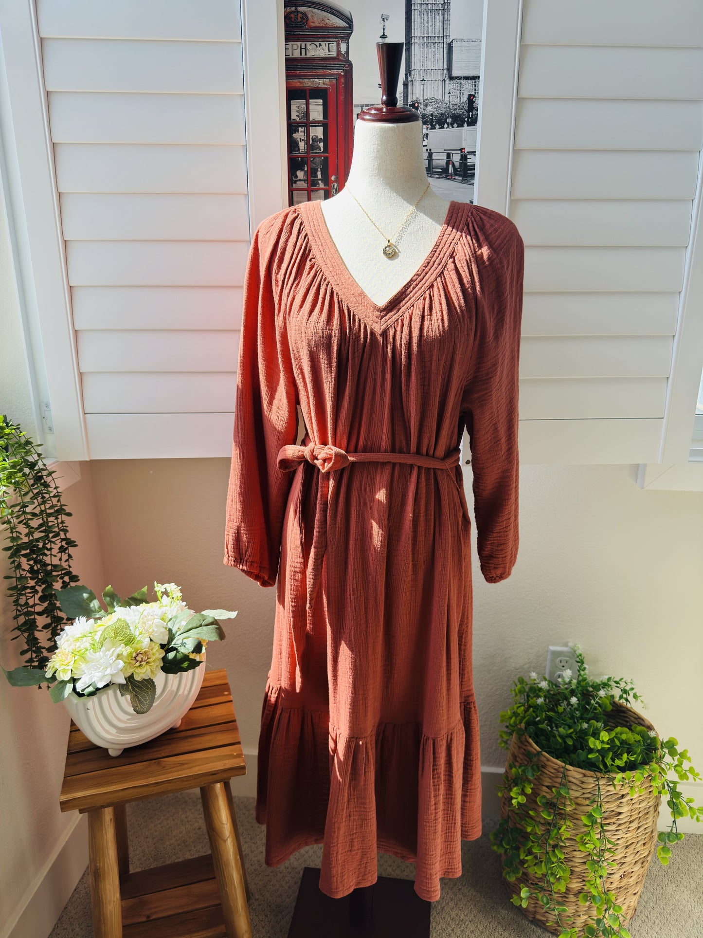 Lucky Brand Terracotta Cotton Gauze Tiered Maxi Dress - Size L