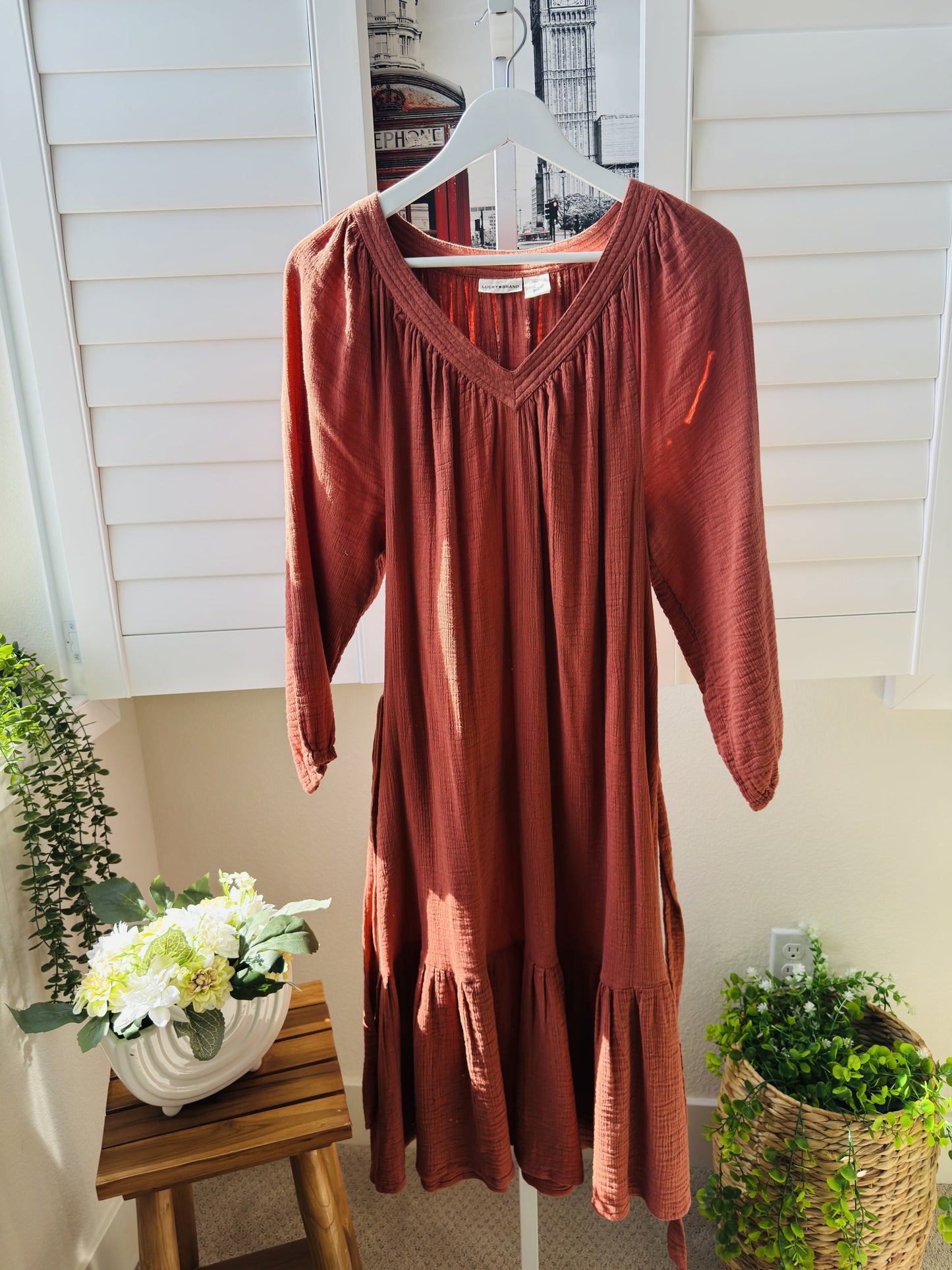 Lucky Brand Terracotta Cotton Gauze Tiered Maxi Dress - Size L