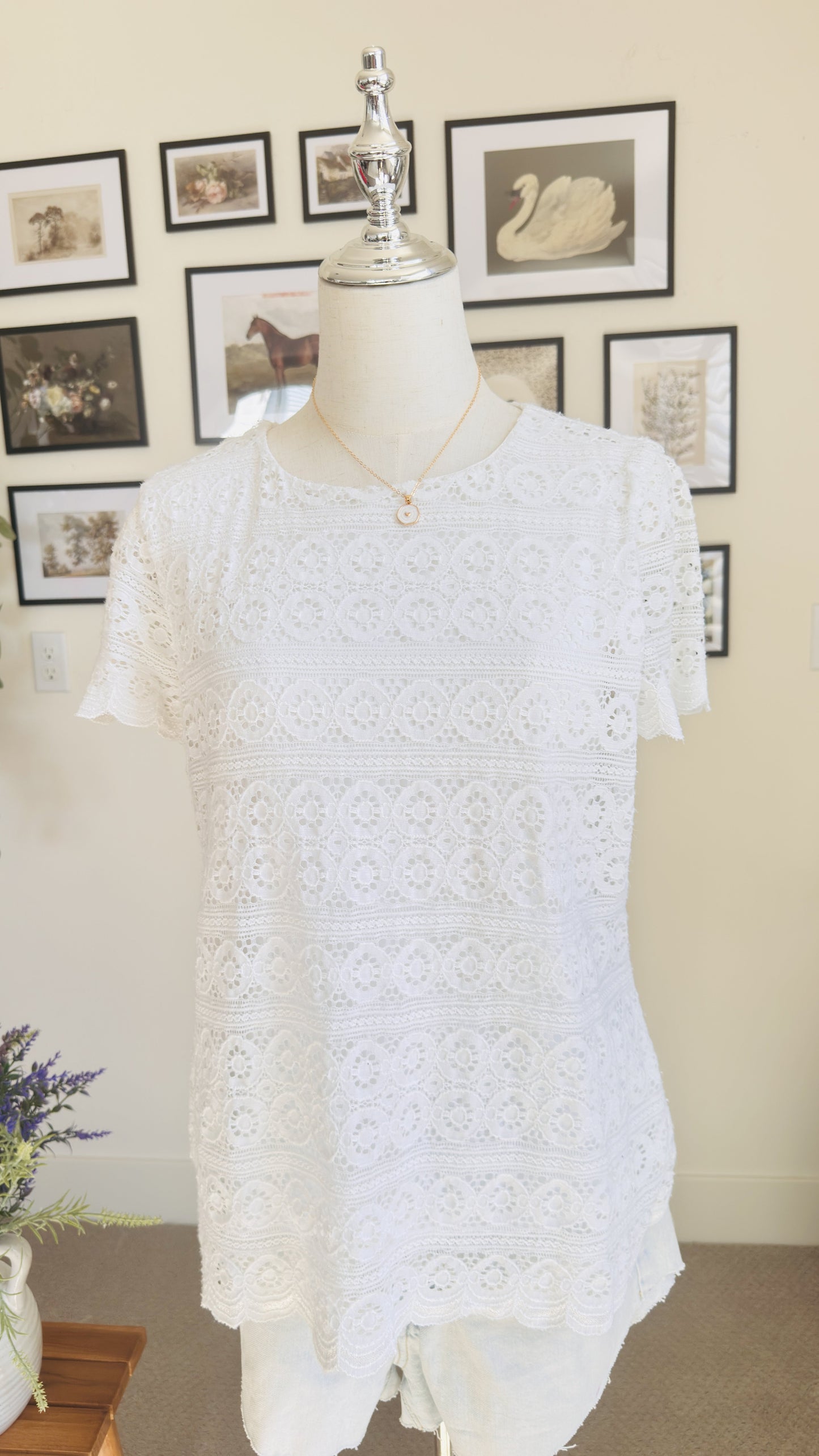 Charter Club White Lace Short Sleeve Top - Size PM