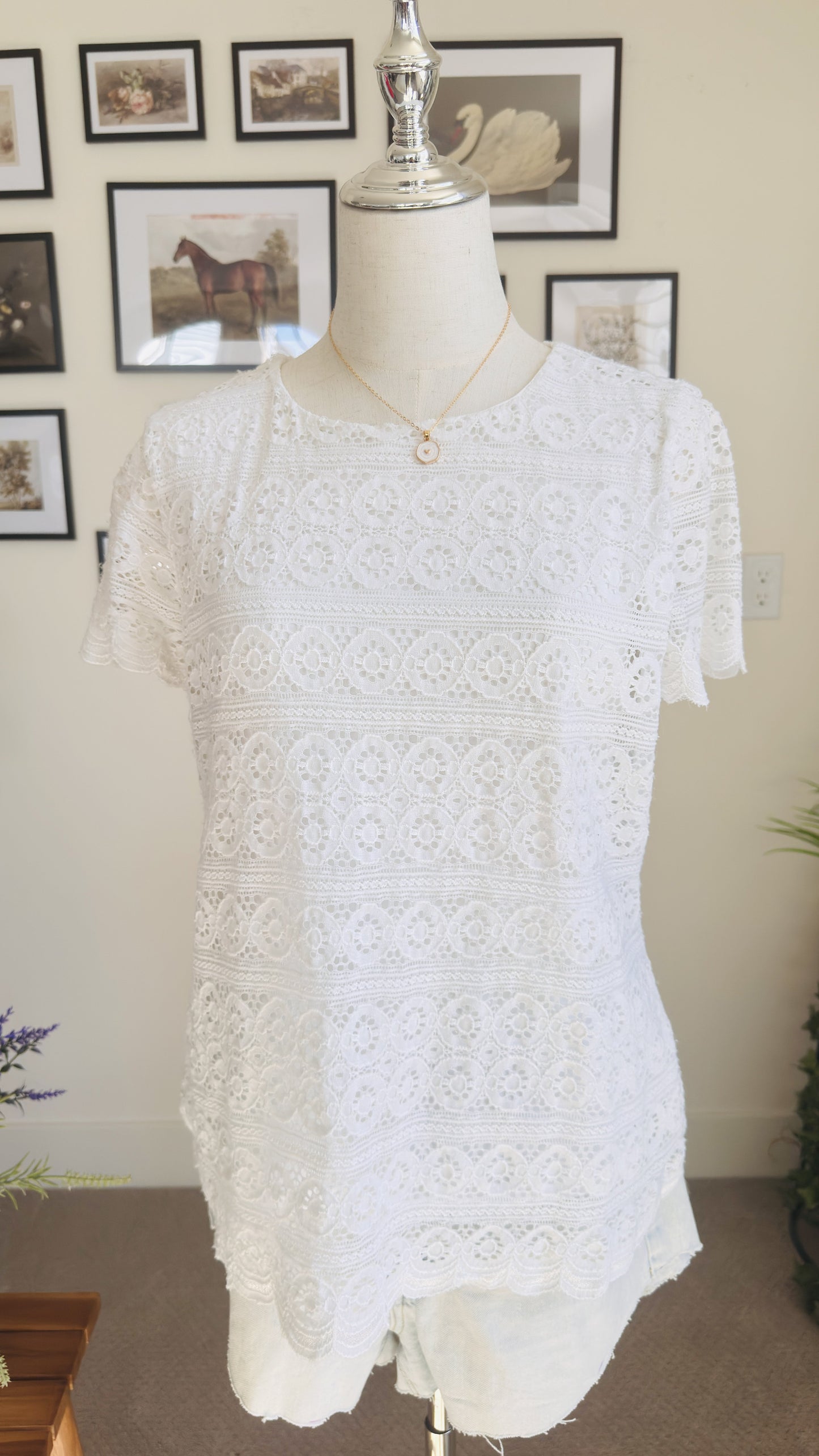 Charter Club White Lace Short Sleeve Top - Size PM