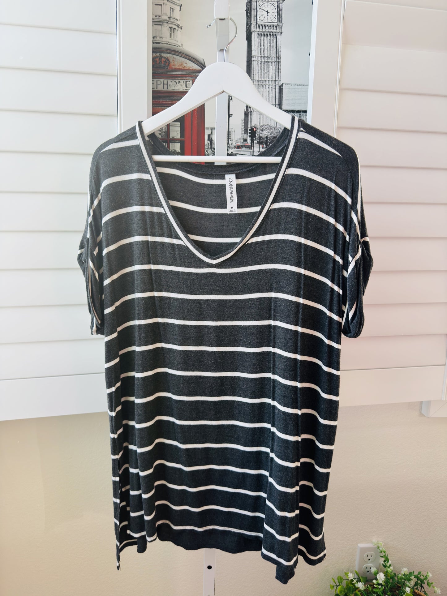 Zenana Premium Striped Dolman V-Neck Top - Size M