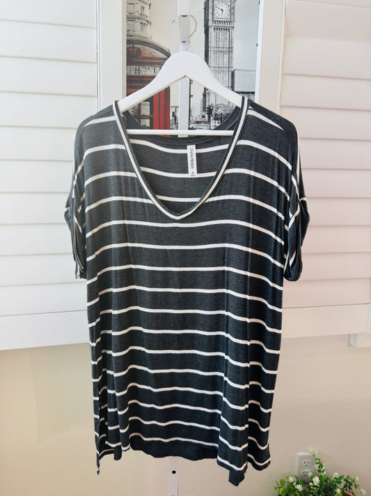 Zenana Premium Striped Dolman V-Neck Top - Size M