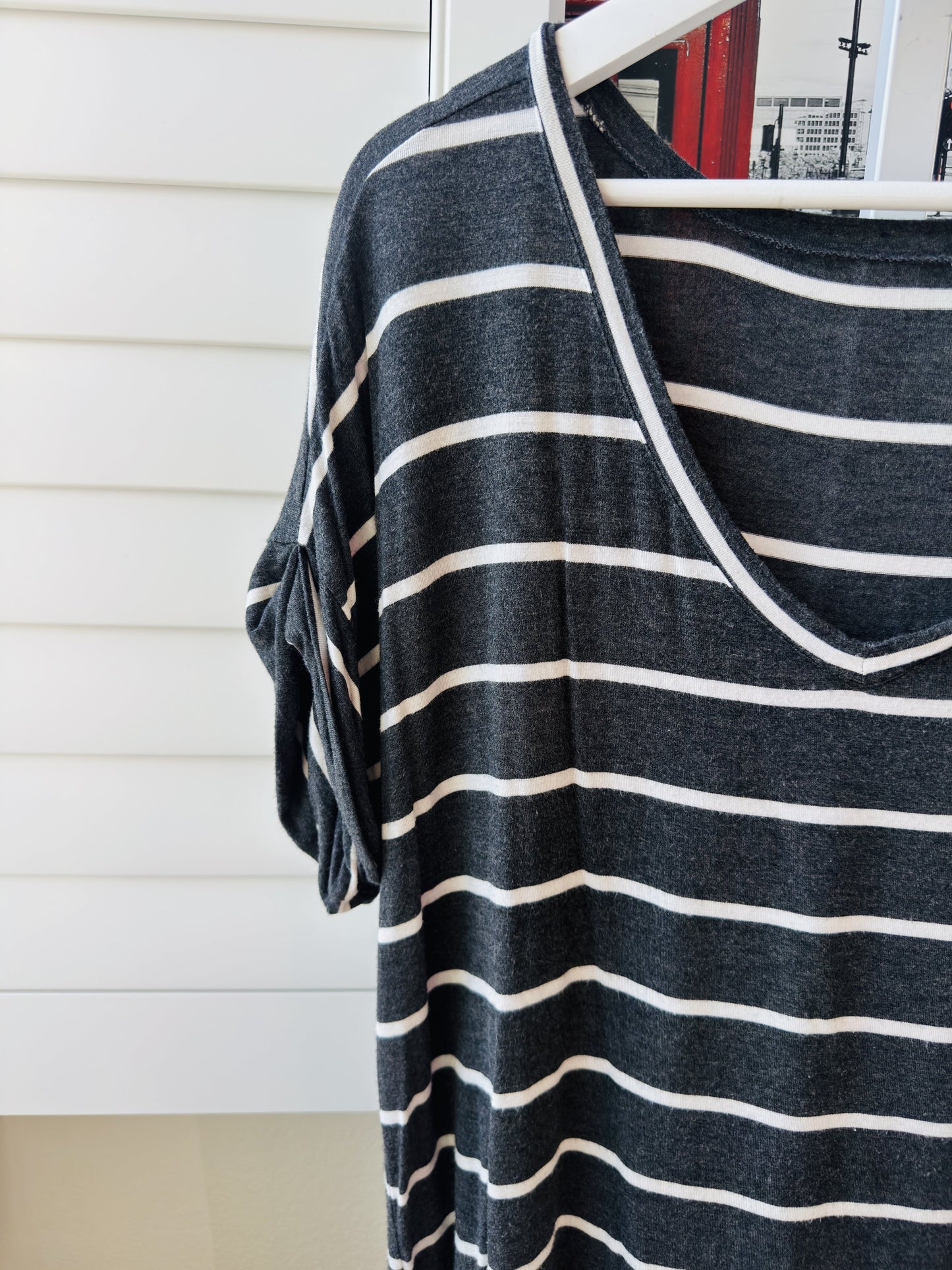 Zenana Premium Striped Dolman V-Neck Top - Size M