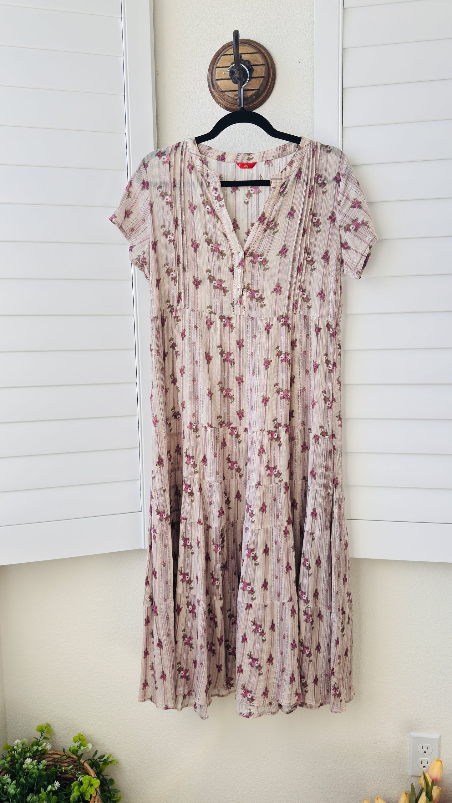 W for Woman Floral Printed Cotton Tiered Midi Dress - Size 12