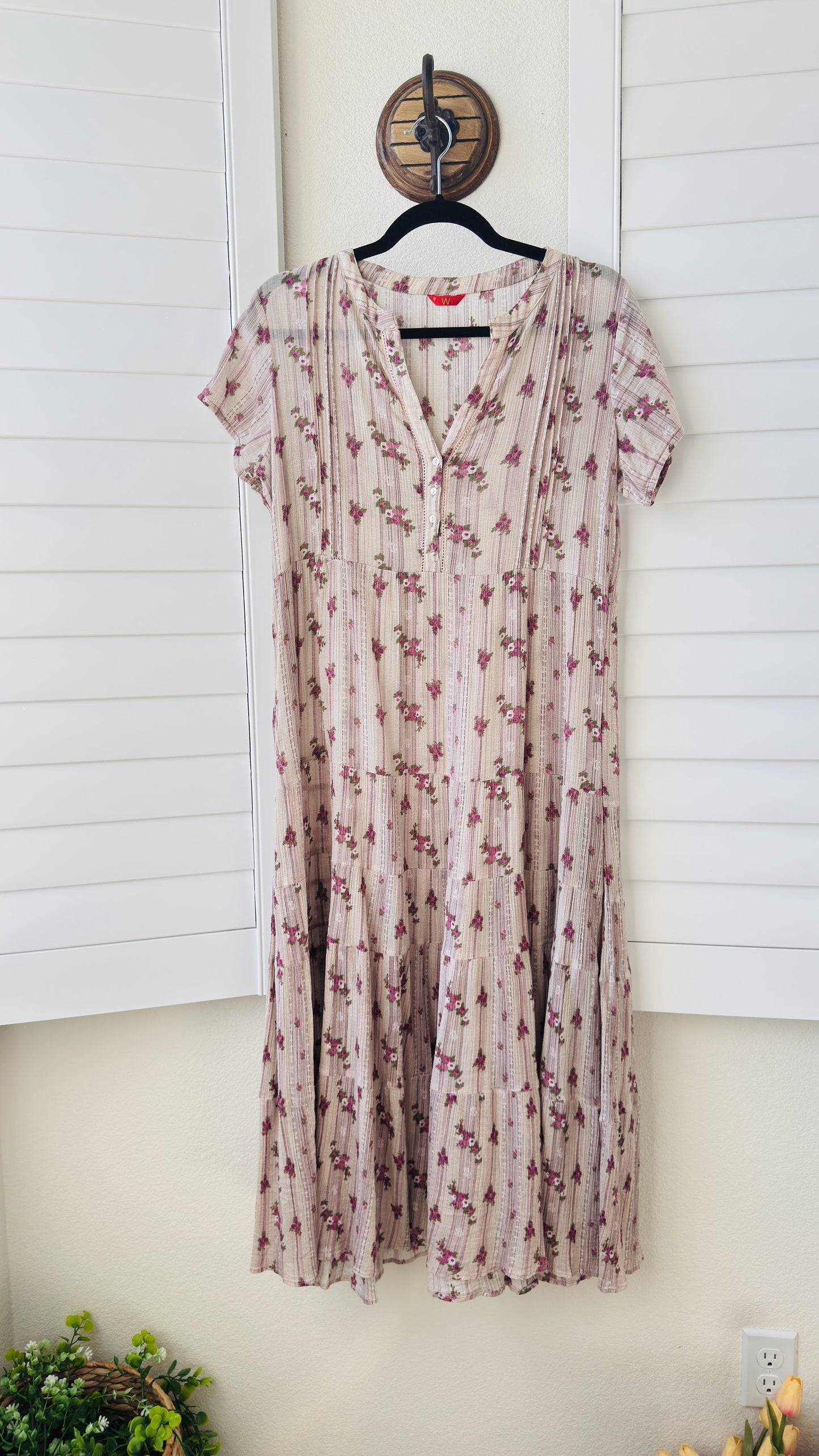 W for Woman Pink Floral Tiered Cotton Midi Dress - Size 12