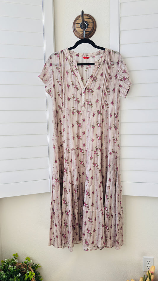 W for Woman Pink Floral Cotton Tiered Midi Dress - Size 12
