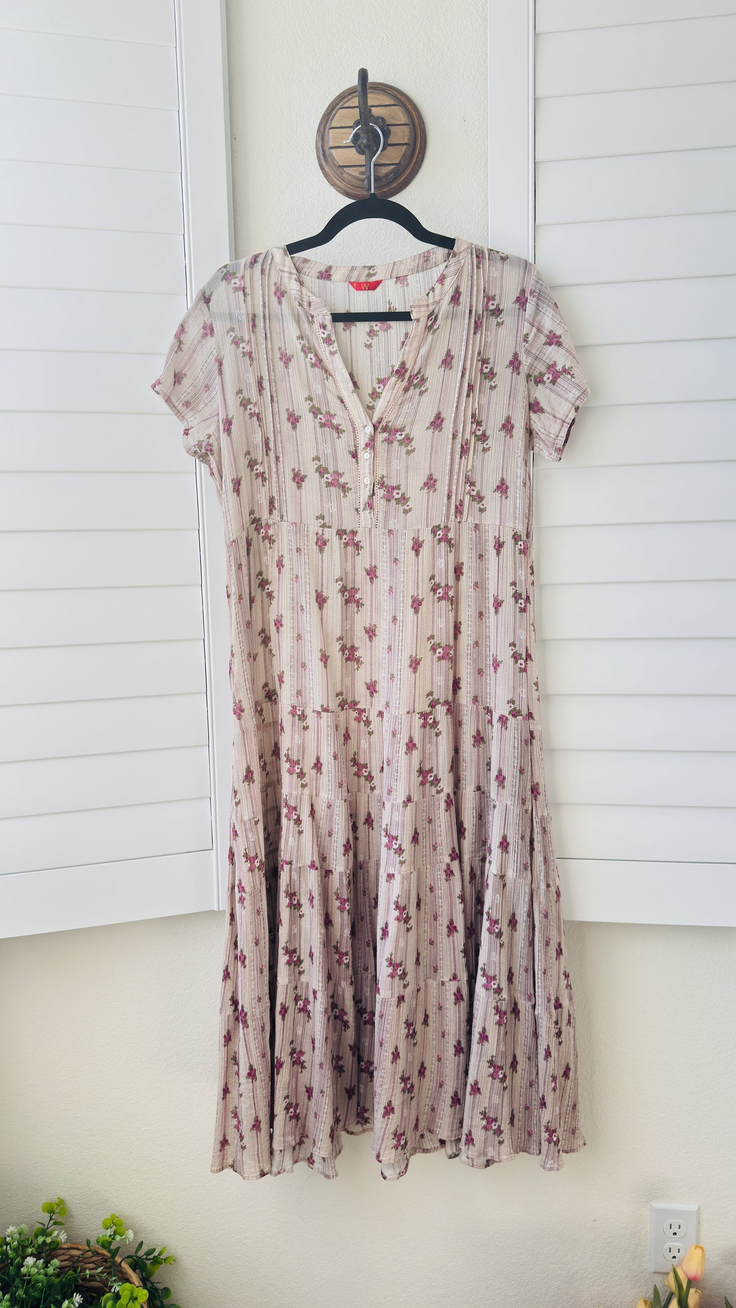 W for Woman Pink Floral Tiered Cotton Midi Dress - Size 12