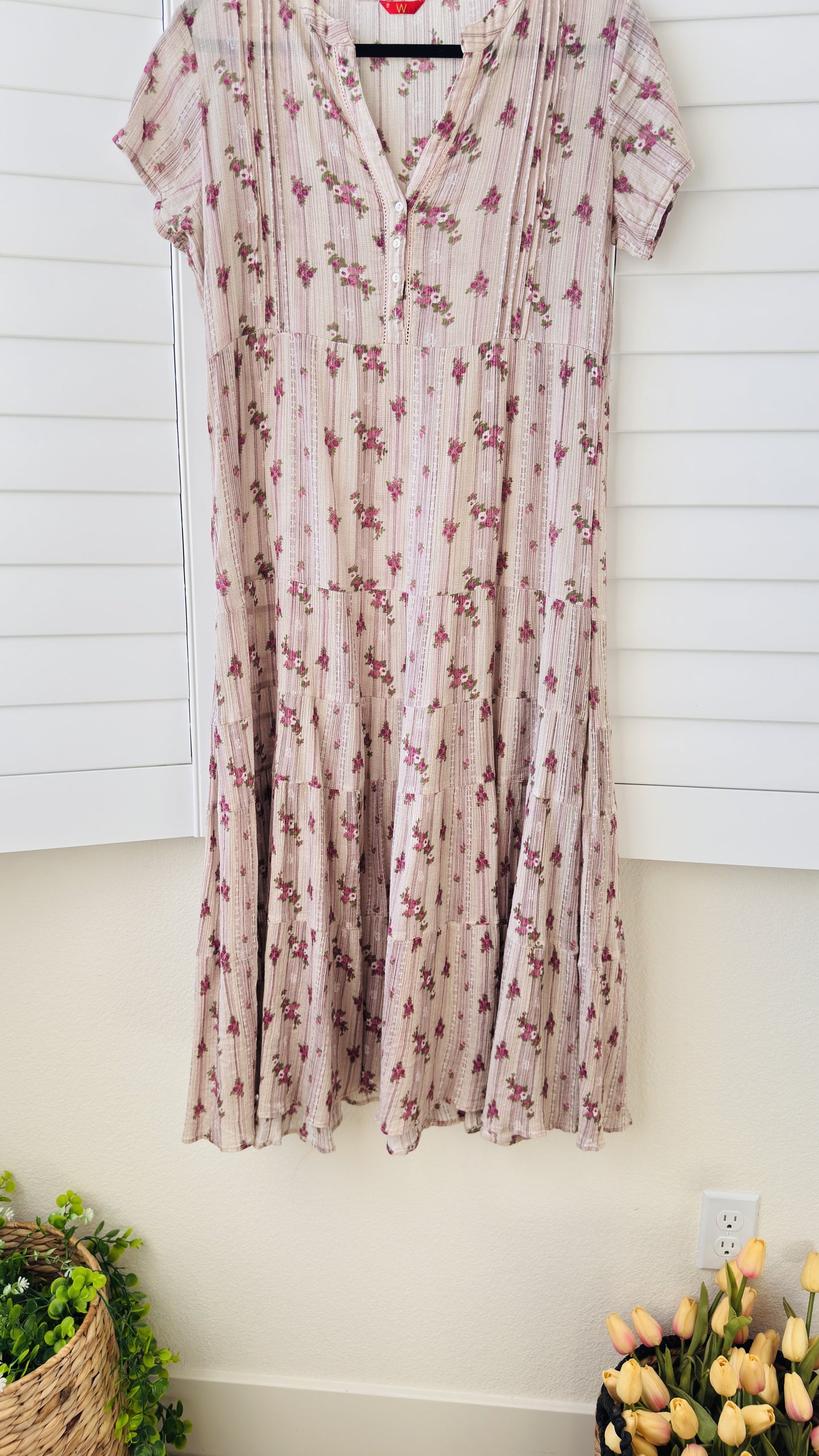 W for Woman Pink Floral Cotton Tiered Midi Dress - Size 12