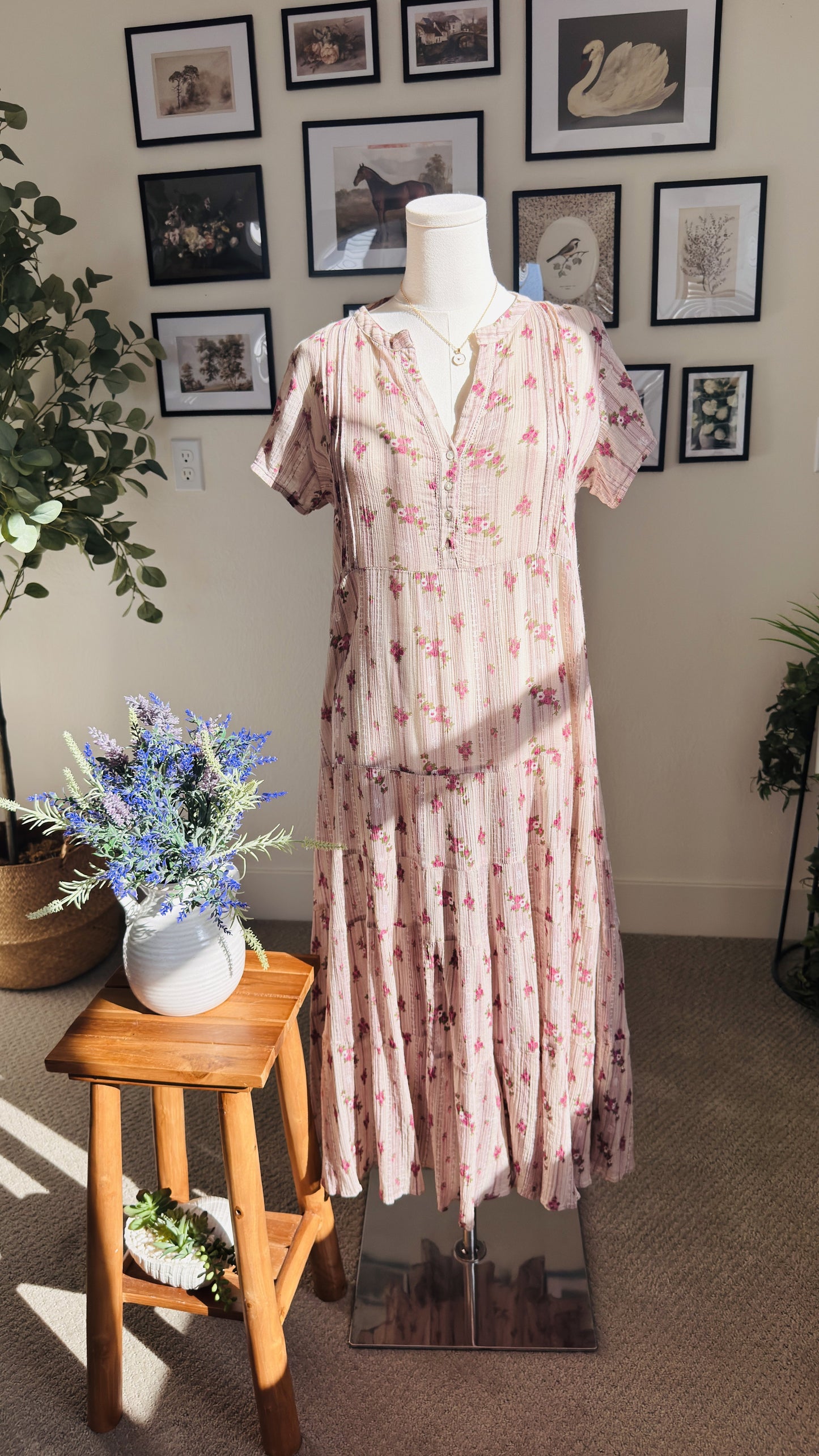 W for Woman Pink Floral Tiered Cotton Midi Dress - Size 12