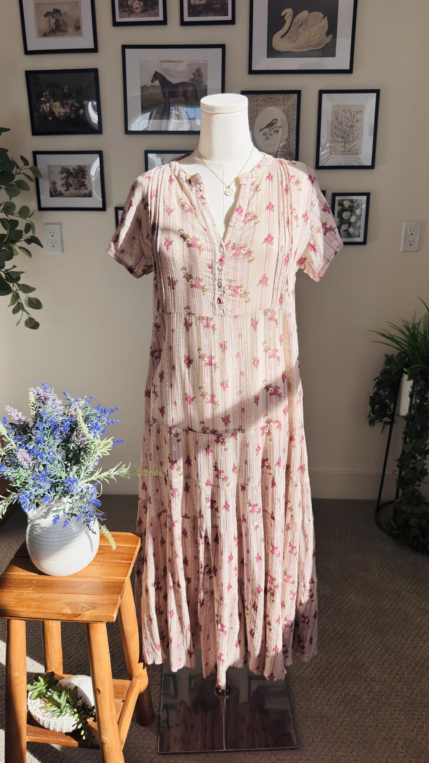 W for Woman Pink Floral Tiered Cotton Midi Dress - Size 12