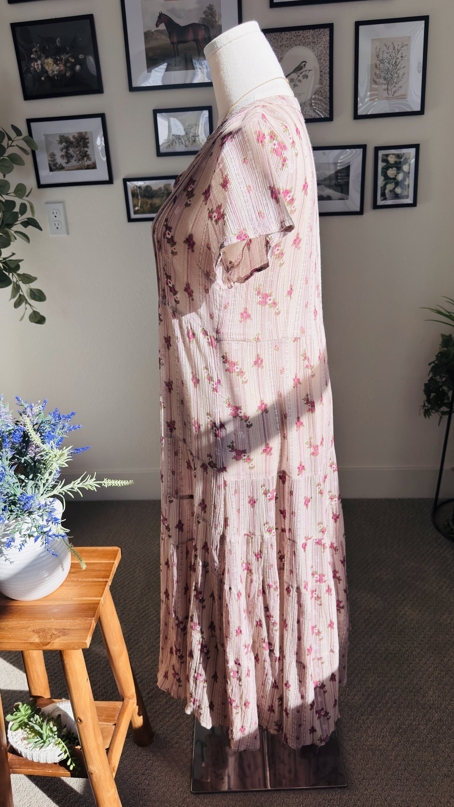 W for Woman Pink Floral Tiered Cotton Midi Dress - Size 12