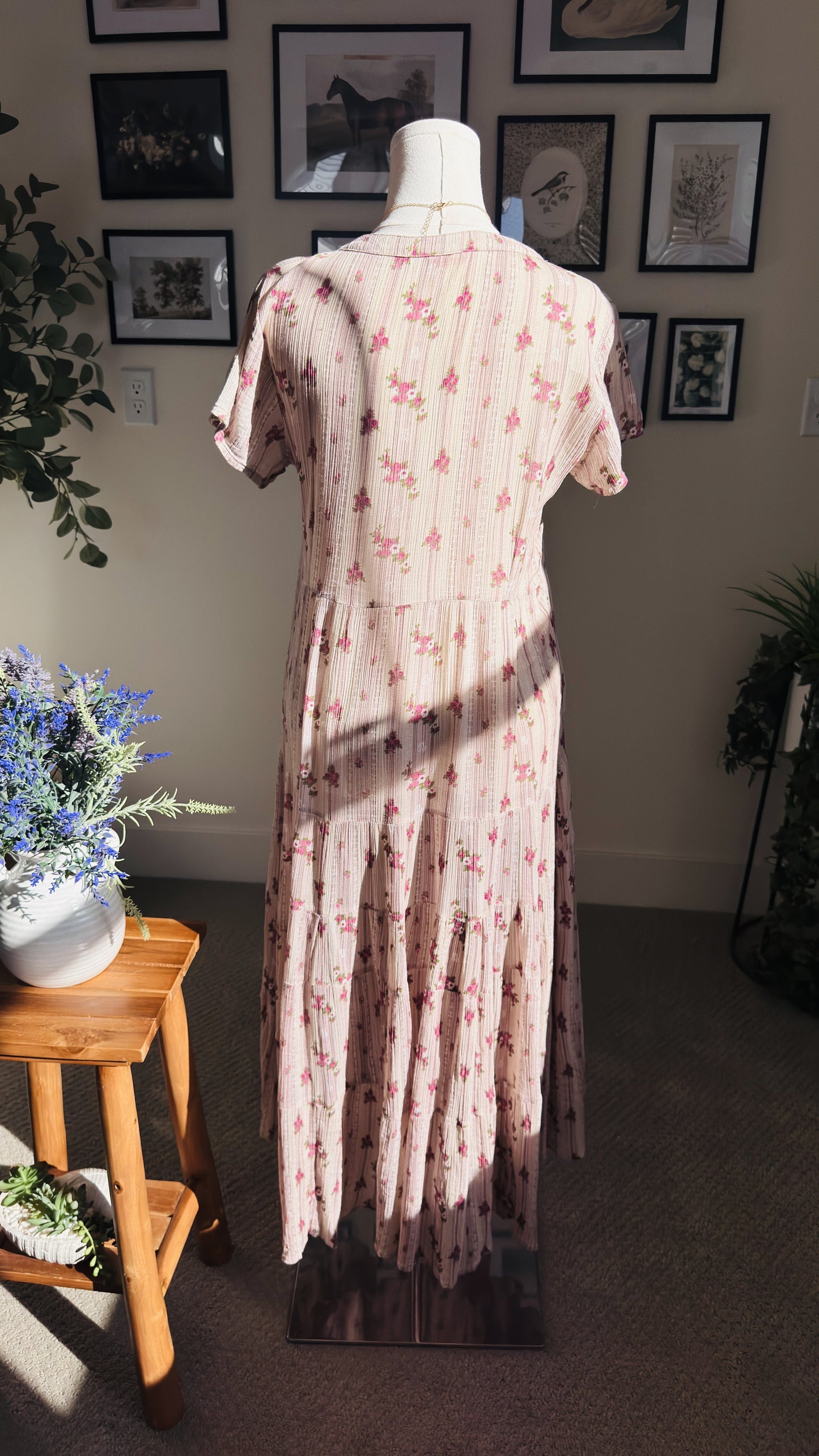 W for Woman Pink Floral Cotton Tiered Midi Dress - Size 12