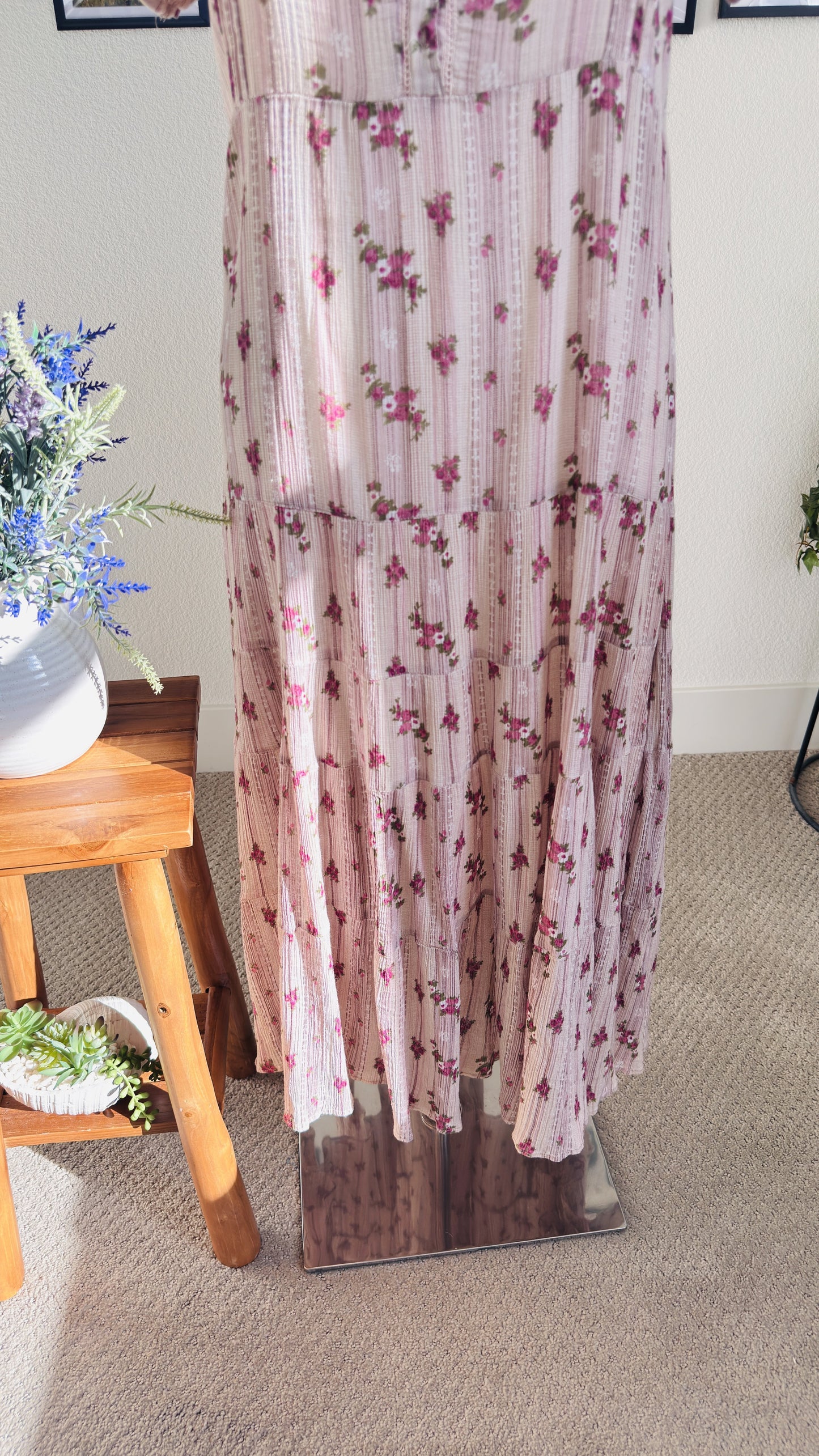 W for Woman Pink Floral Tiered Cotton Midi Dress - Size 12