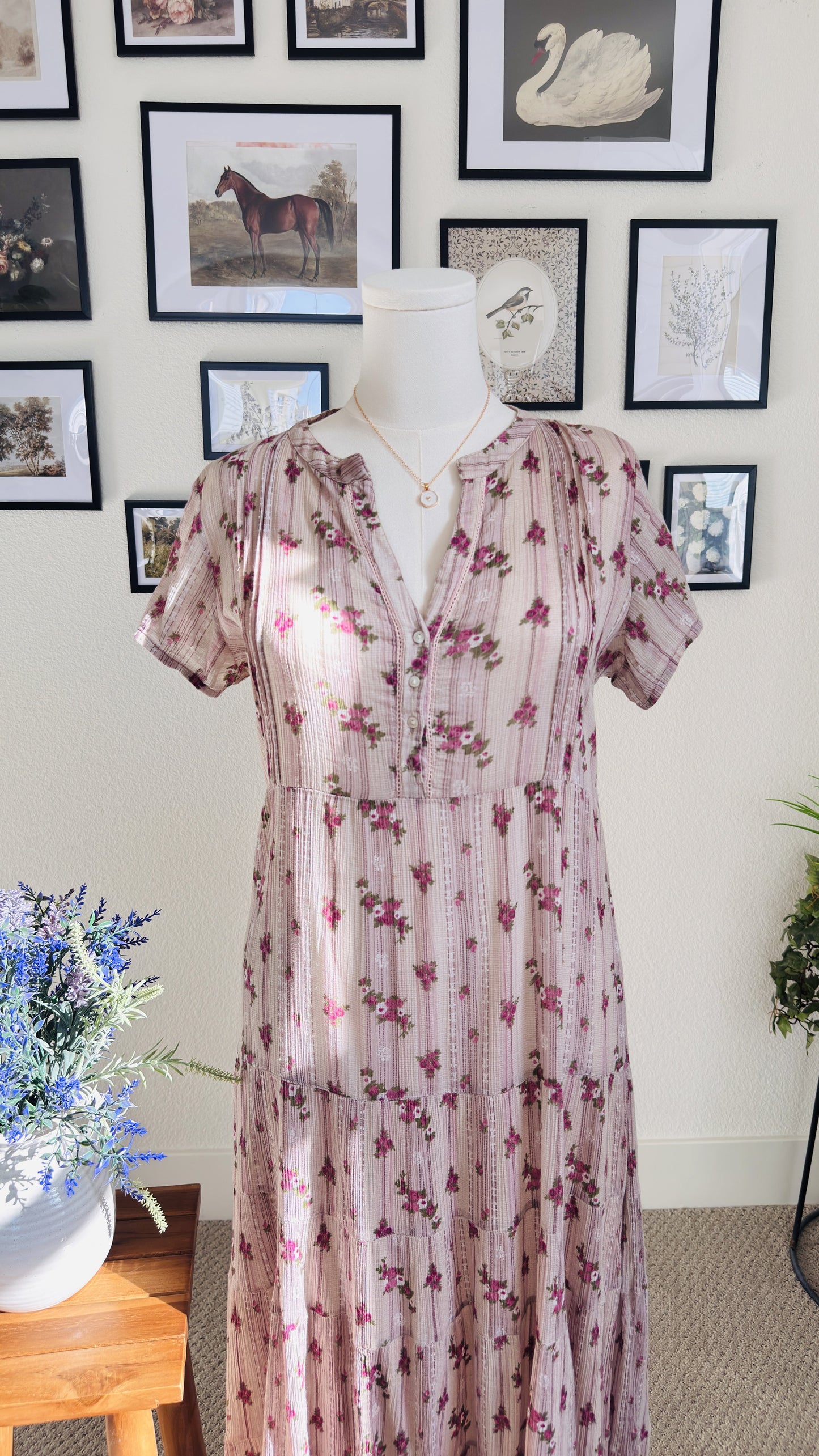W for Woman Floral Printed Cotton Tiered Midi Dress - Size 12