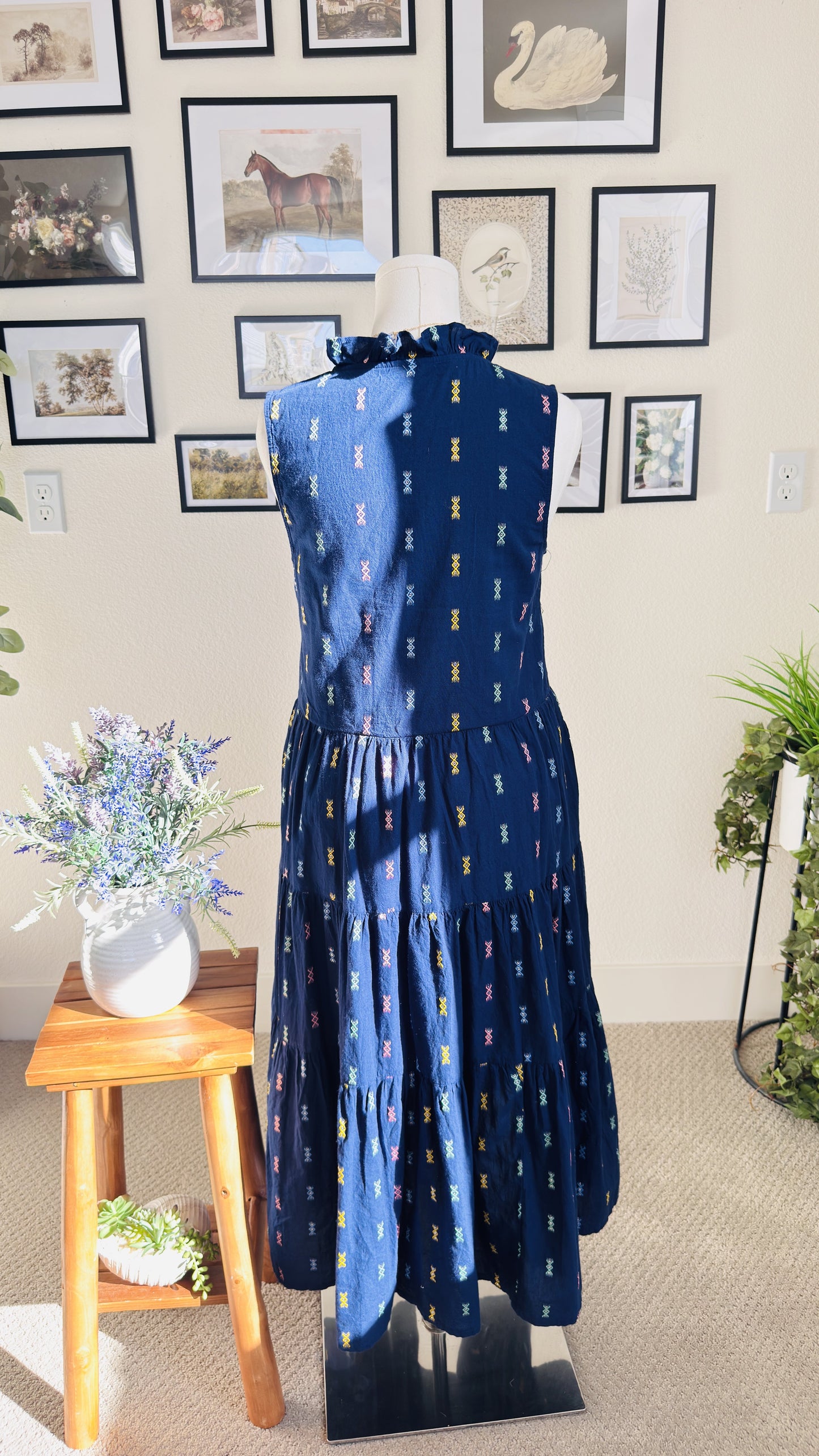 St. John's Bay Blue Embroidered Tiered Midi Dress - Size M