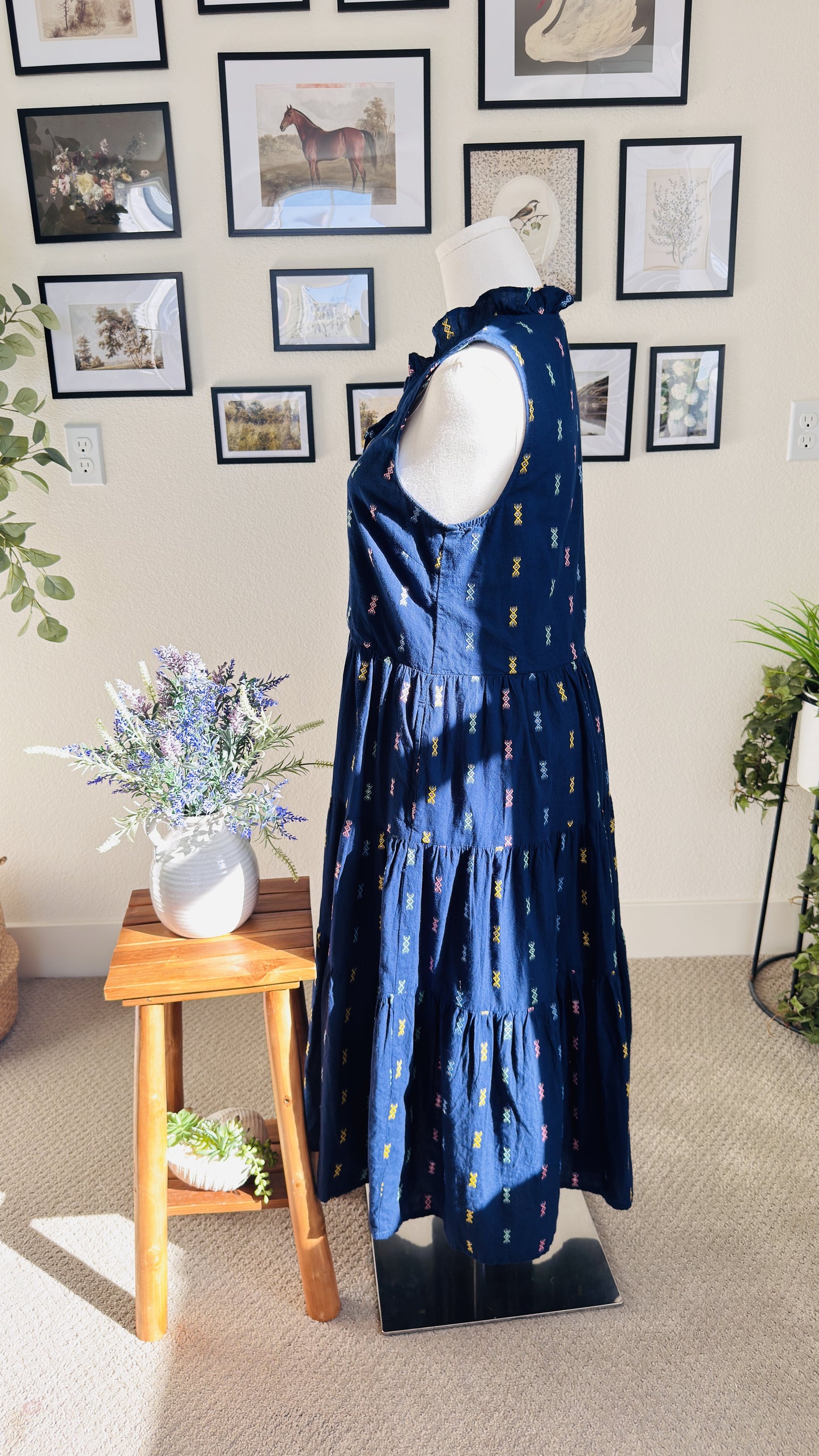 St. John's Bay Blue Embroidered Tiered Midi Dress - Size M