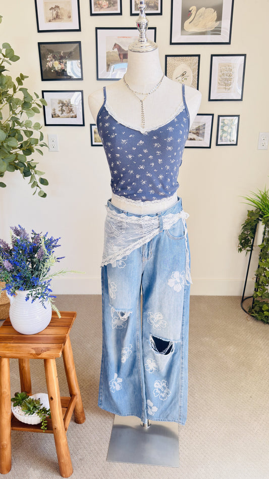 Hollister Floral Lace-Trim Ribbed Camisole Top - Size M