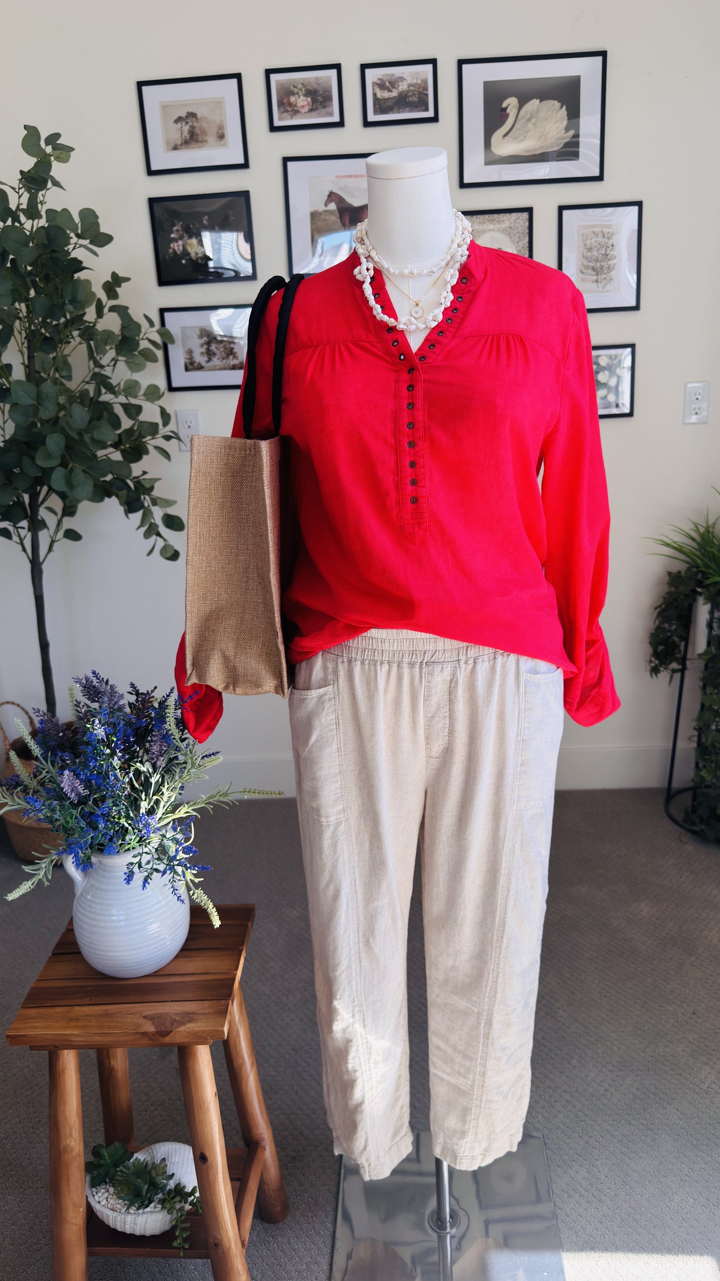 Caslon Linen Blend Elastic Waist Crop Pants in Oatmeal - Size L