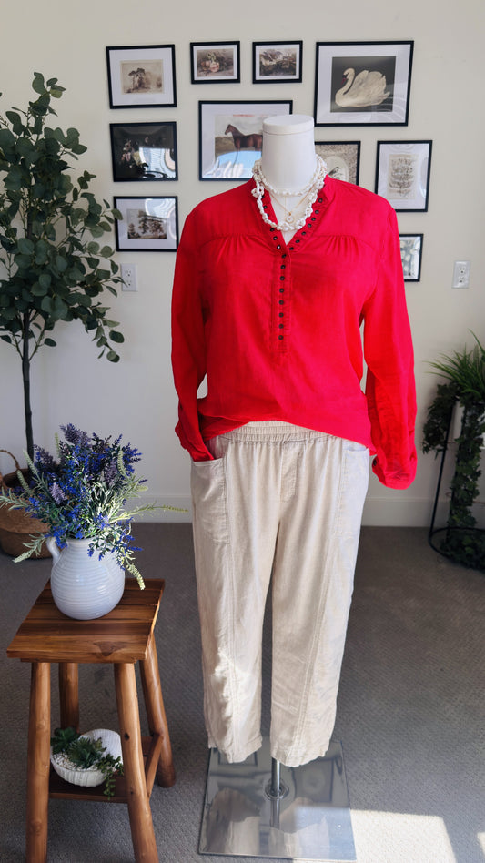 August Silk Options Petite Red Linen Cotton Blend Henley Top - Size PL