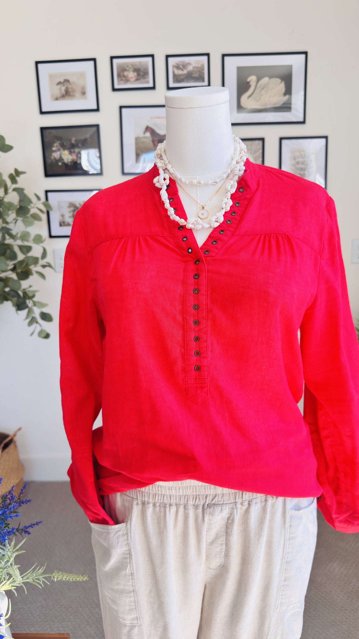 August Silk Options Petite Red Linen Cotton Blend Henley Top - Size PL