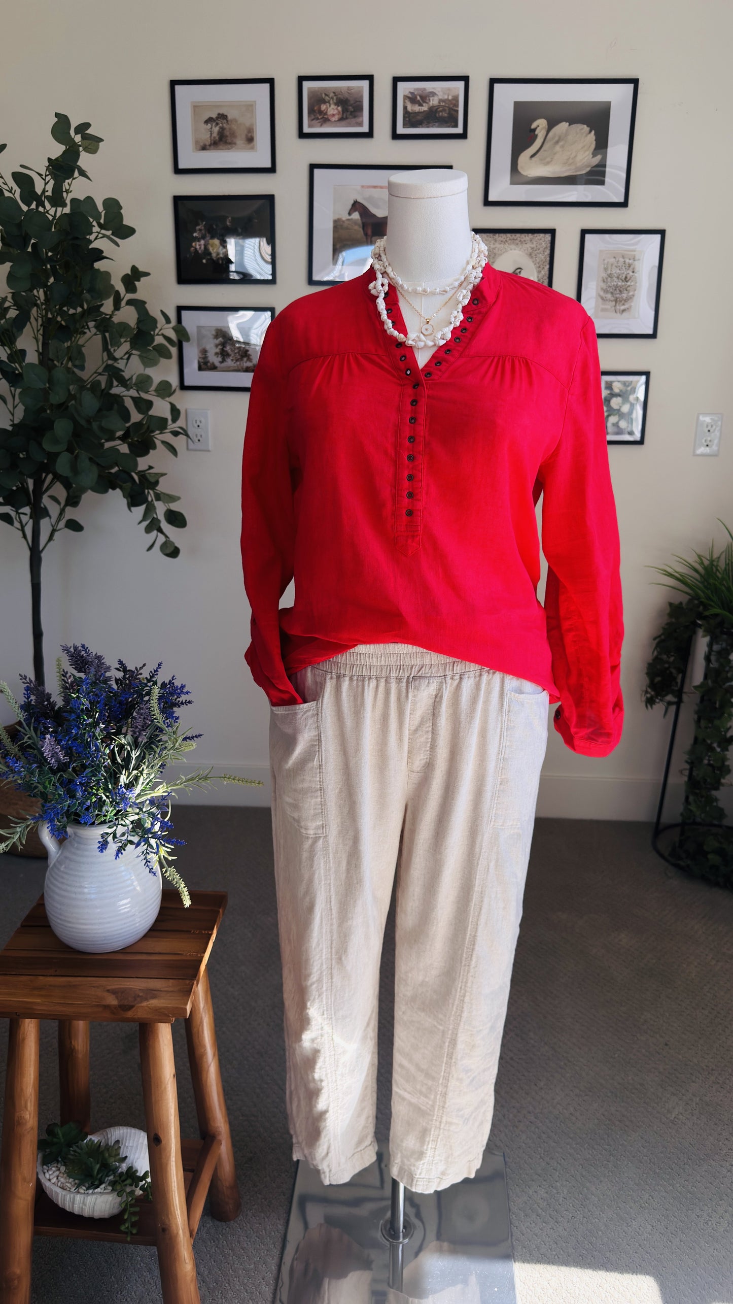August Silk Options Petite Red Linen Cotton Blend Henley Top - Size PL