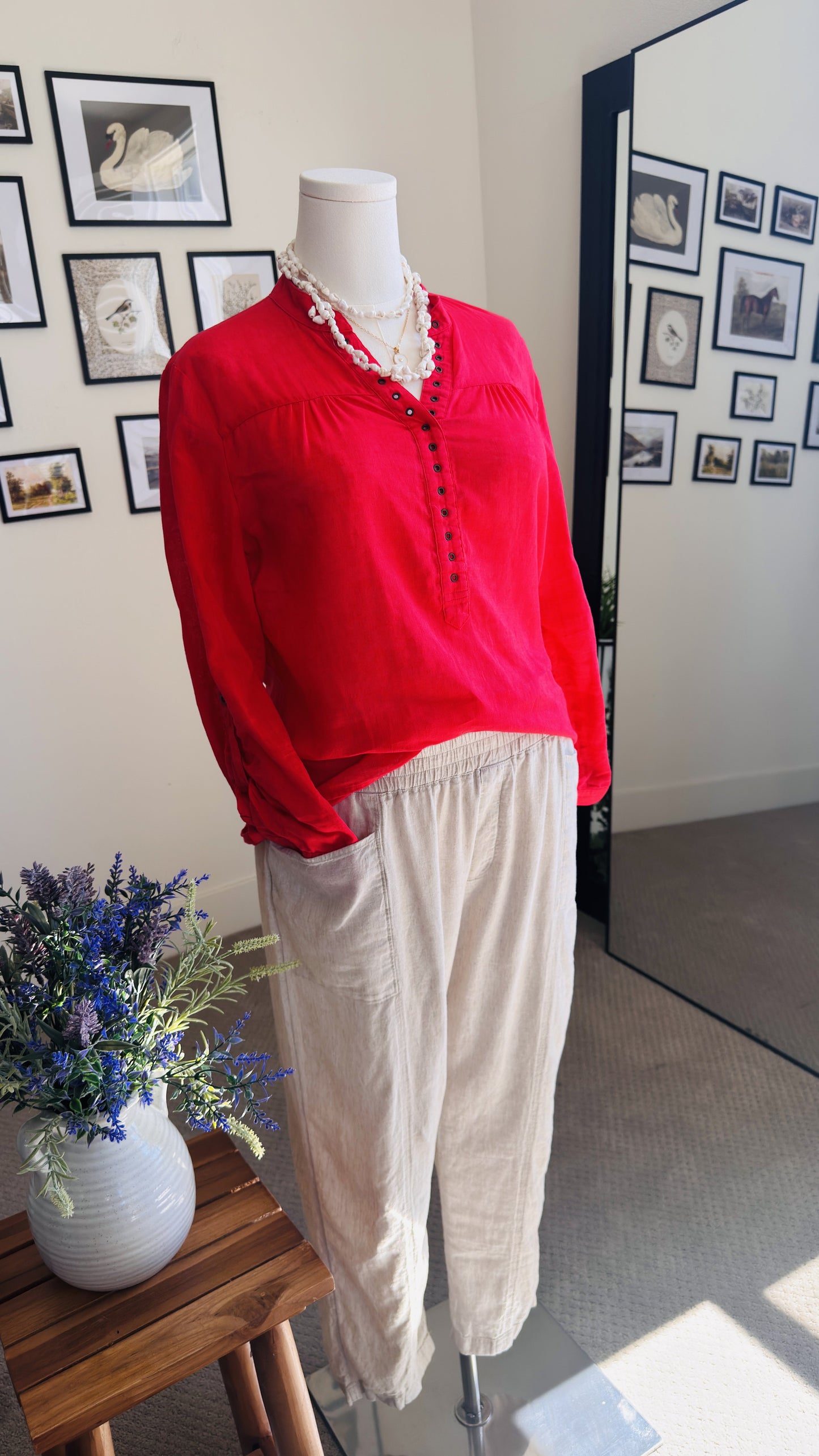 August Silk Options Petite Red Linen Cotton Blend Henley Top - Size PL