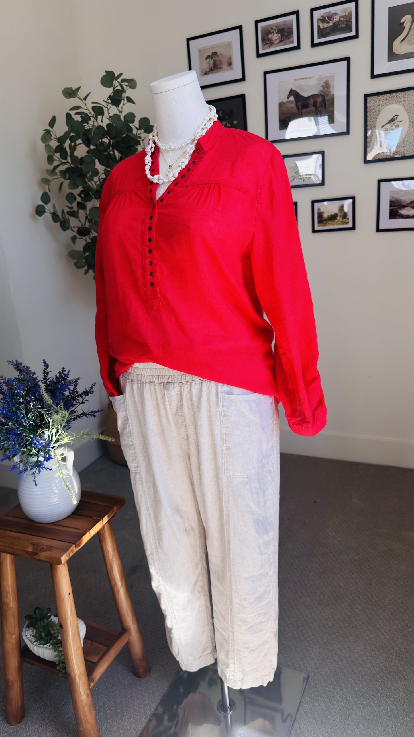 August Silk Options Petite Red Linen Cotton Blend Henley Top - Size PL