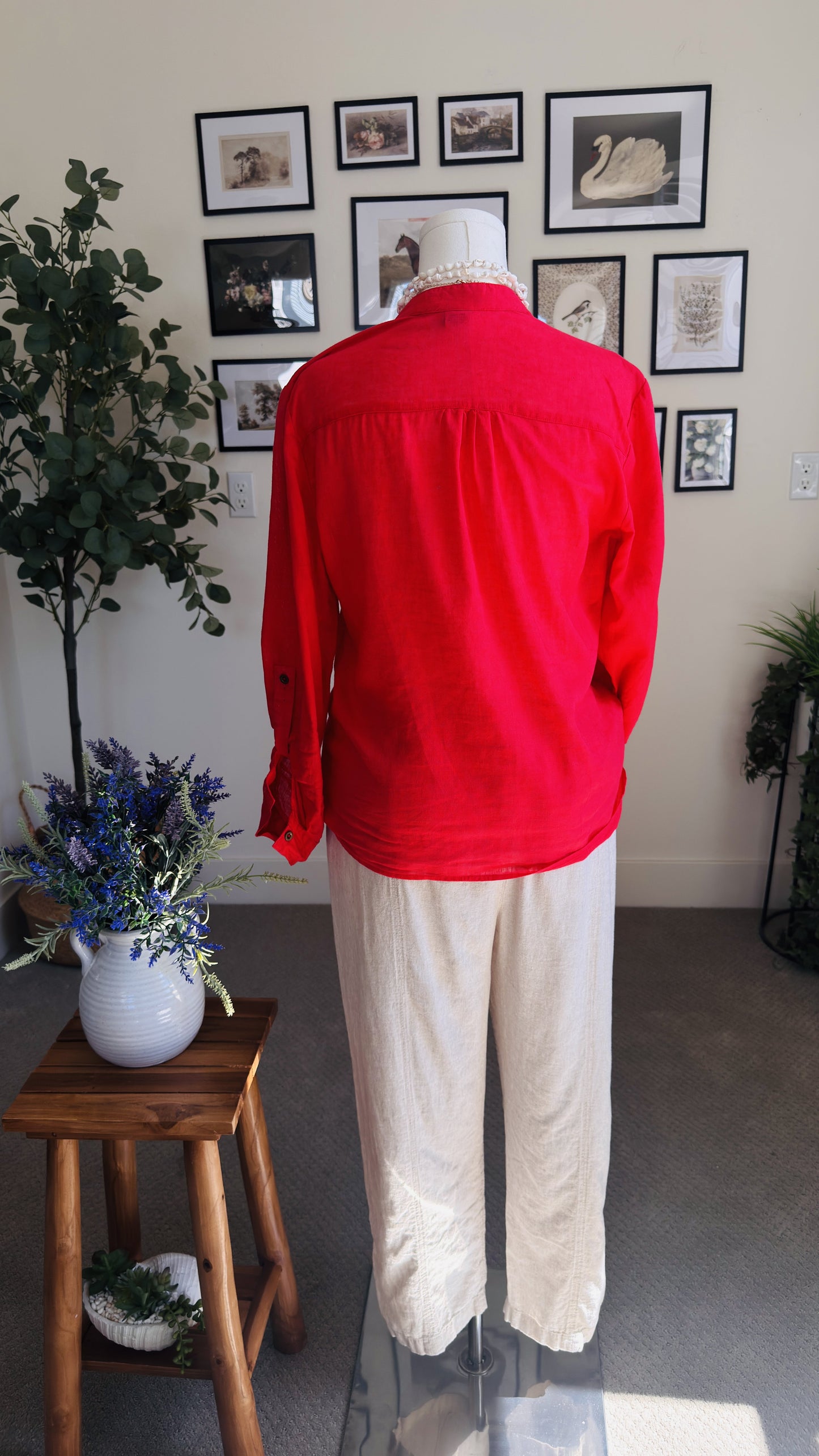 August Silk Options Petite Red Linen Cotton Blend Henley Top - Size PL