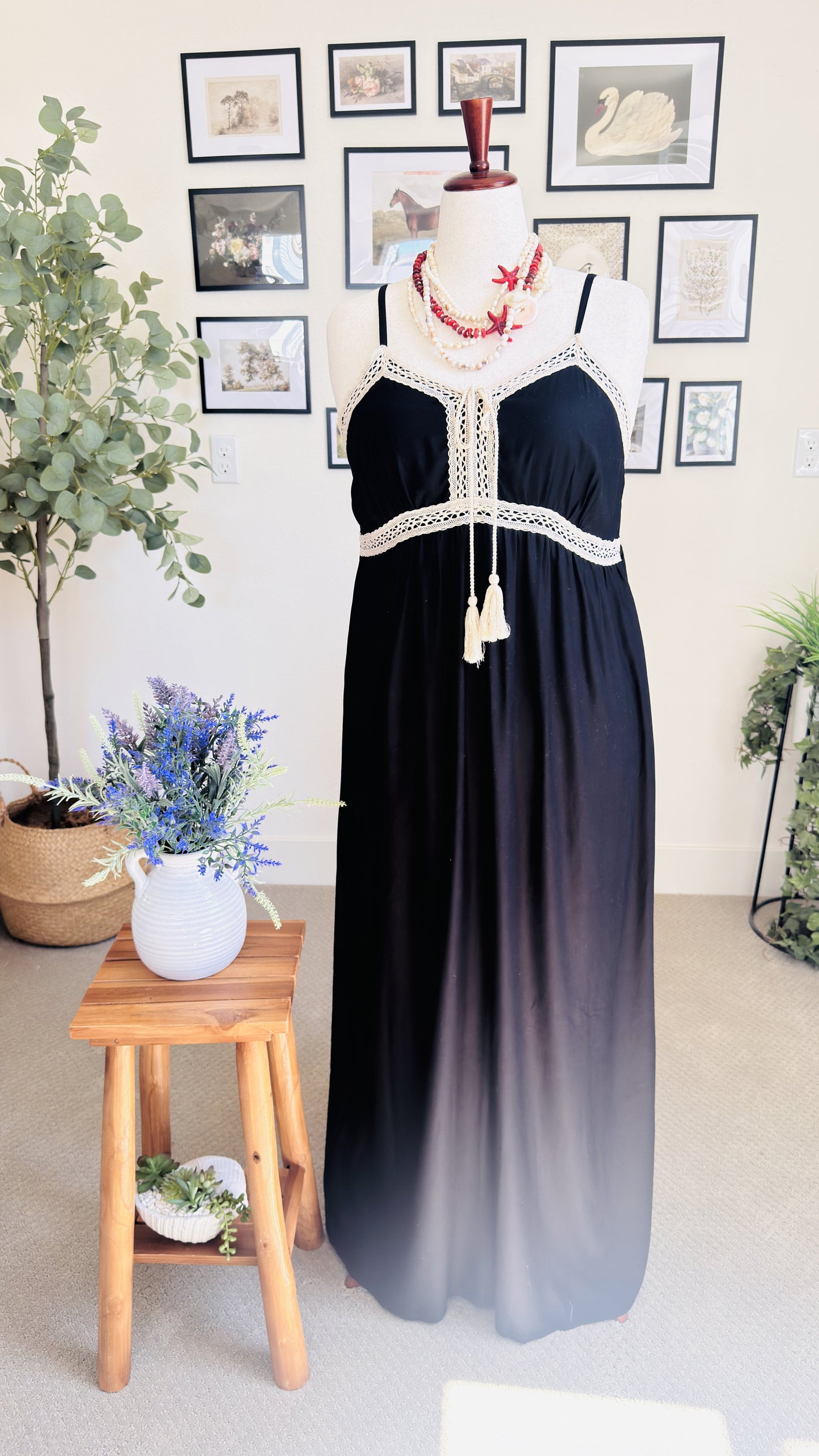 1.STATE Black Crochet Trim Maxi Dress Size XL
