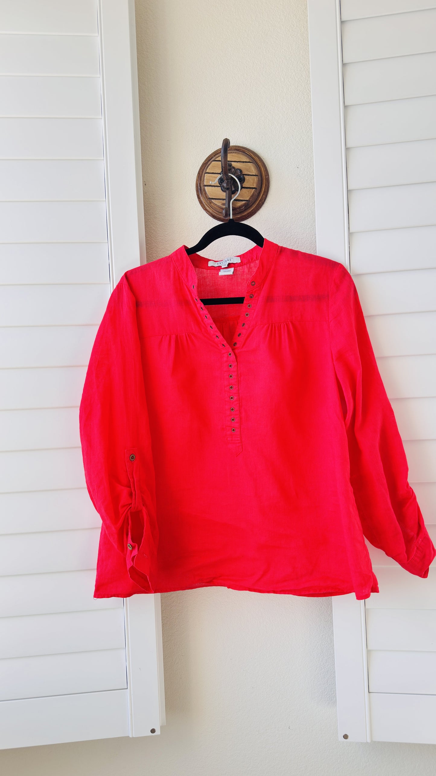 August Silk Options Petite Red Linen Cotton Blend Henley Top - Size PL