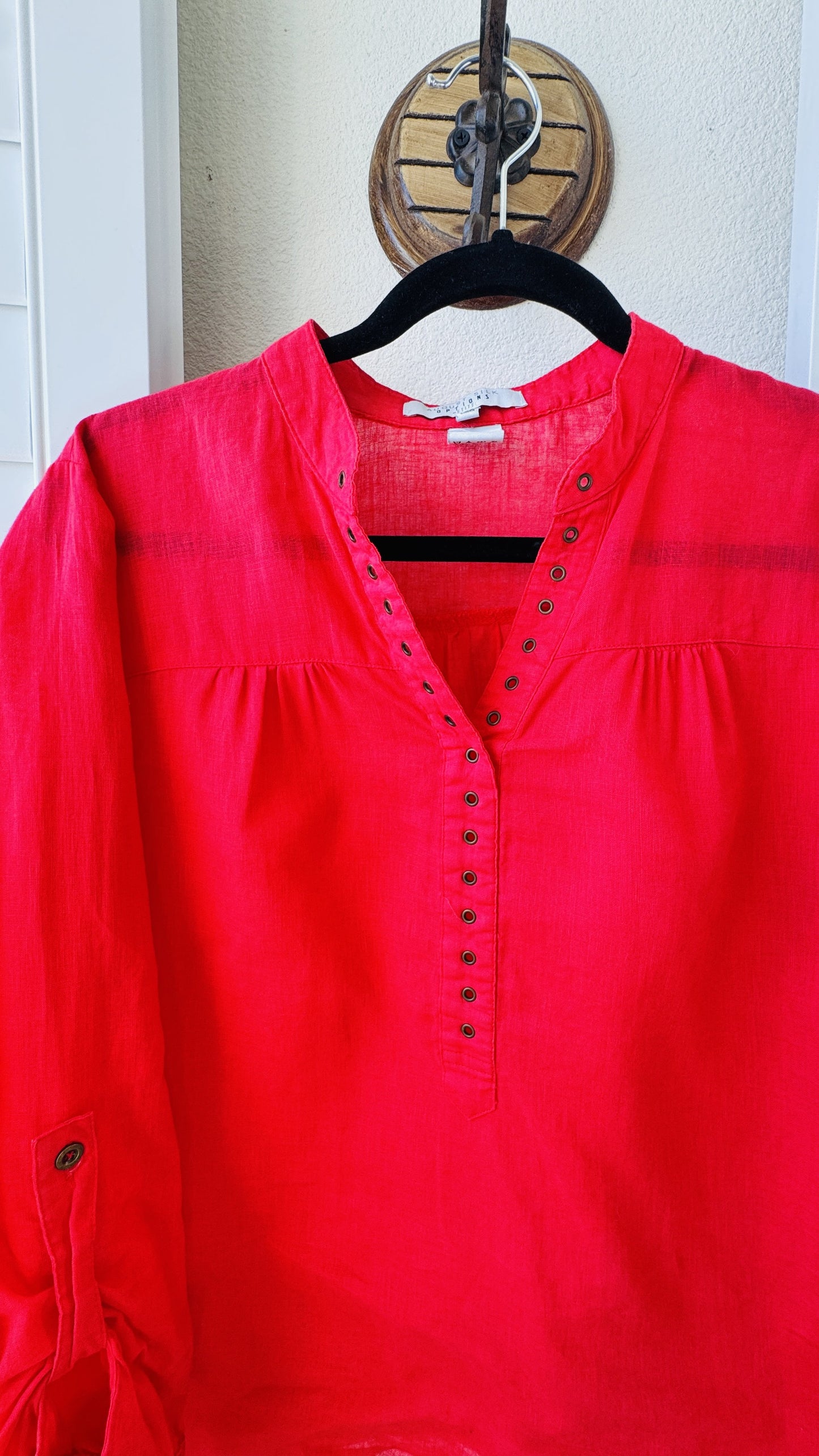 August Silk Options Petite Red Linen Cotton Blend Henley Top - Size PL